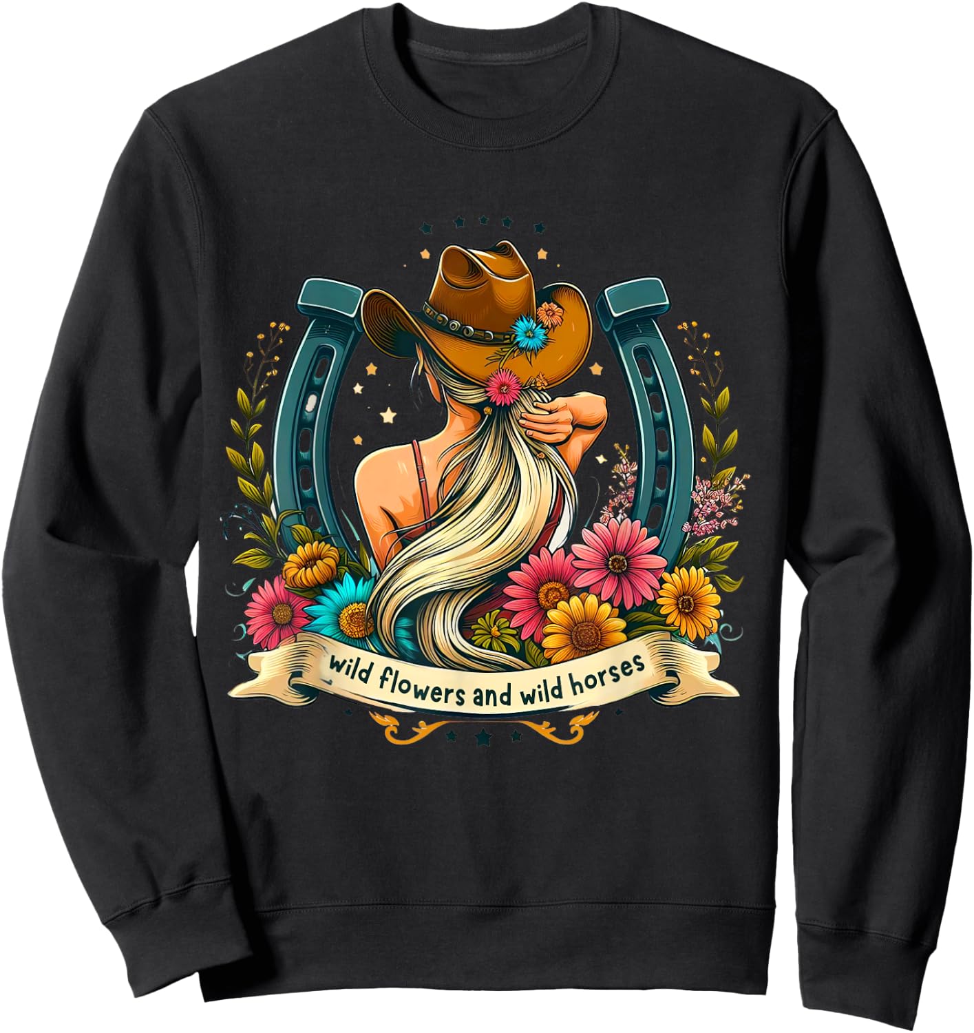 Retro Southern Sunset Cowgirl Wild Flowers - Wild Horses Sweatshirt - Sweatshirt | Black
