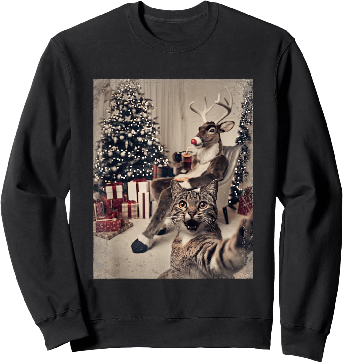 Funny Xmas Cat Selfie Reindeer Ugly Sweater Christmas Outfit Sweatshirt - Sweatshirt | Black