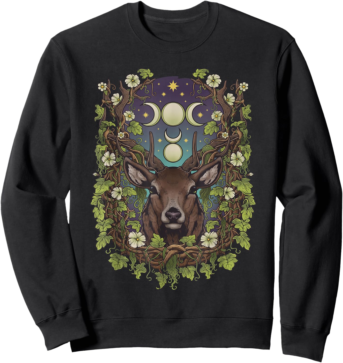 Art Nouveau Cernunnos Stag Bohemian Nature Moon Phases Wicca Sweatshirt - Sweatshirt | Black