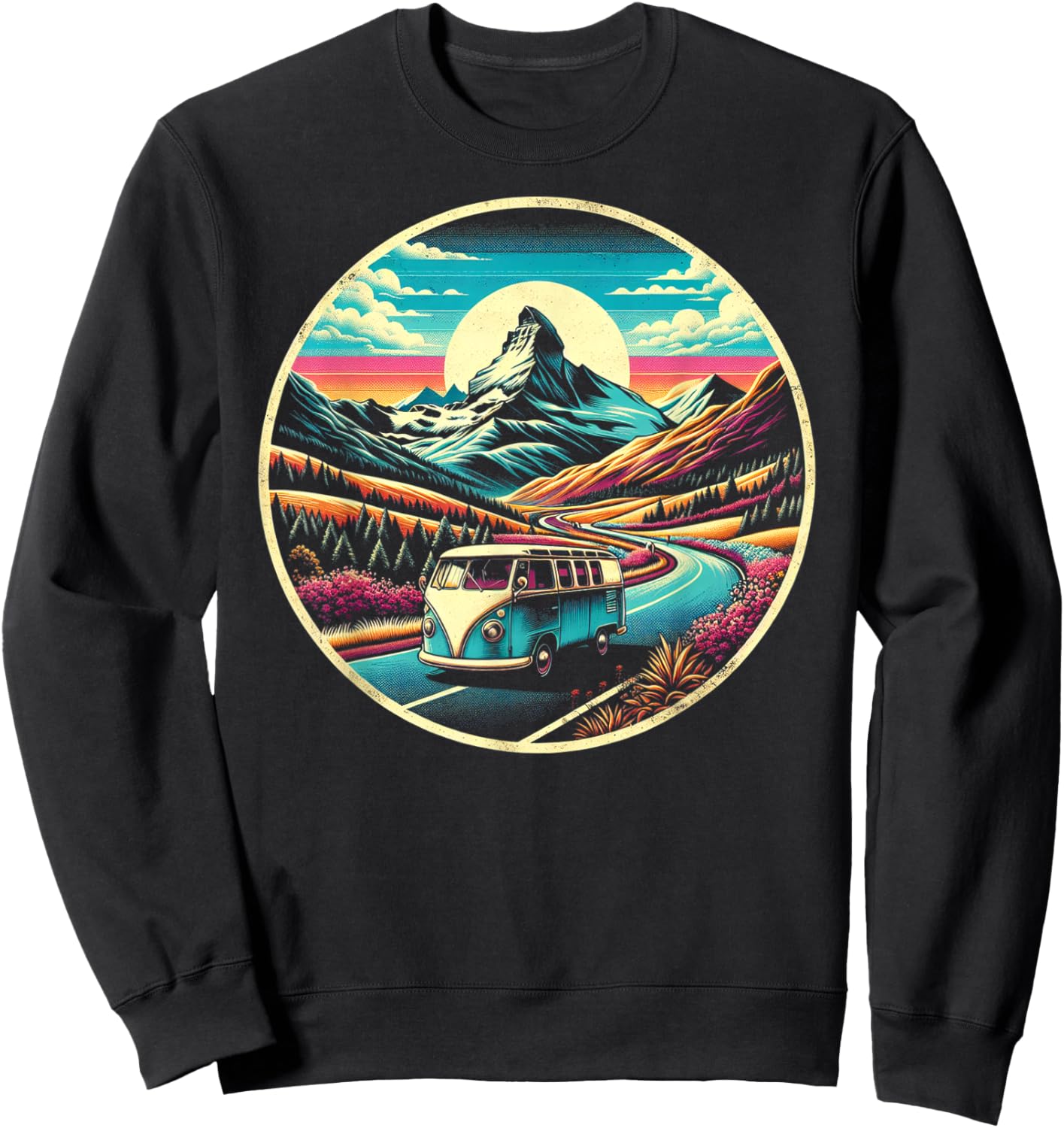 Scenic Routes Classic Van Road Trip Graphic - -Adults, Kids - Black - Small - Short Sleeve Sweatshirt - Sweatshirt | Black