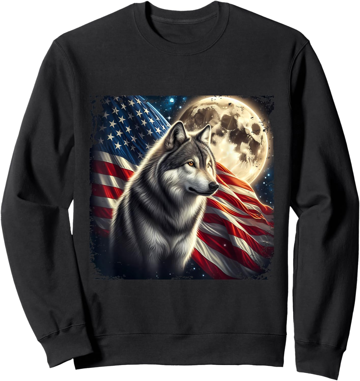 Wolf 4th of July American Flag Alpha Wolf Under Moon Sweatshirt - Sweatshirt | Black