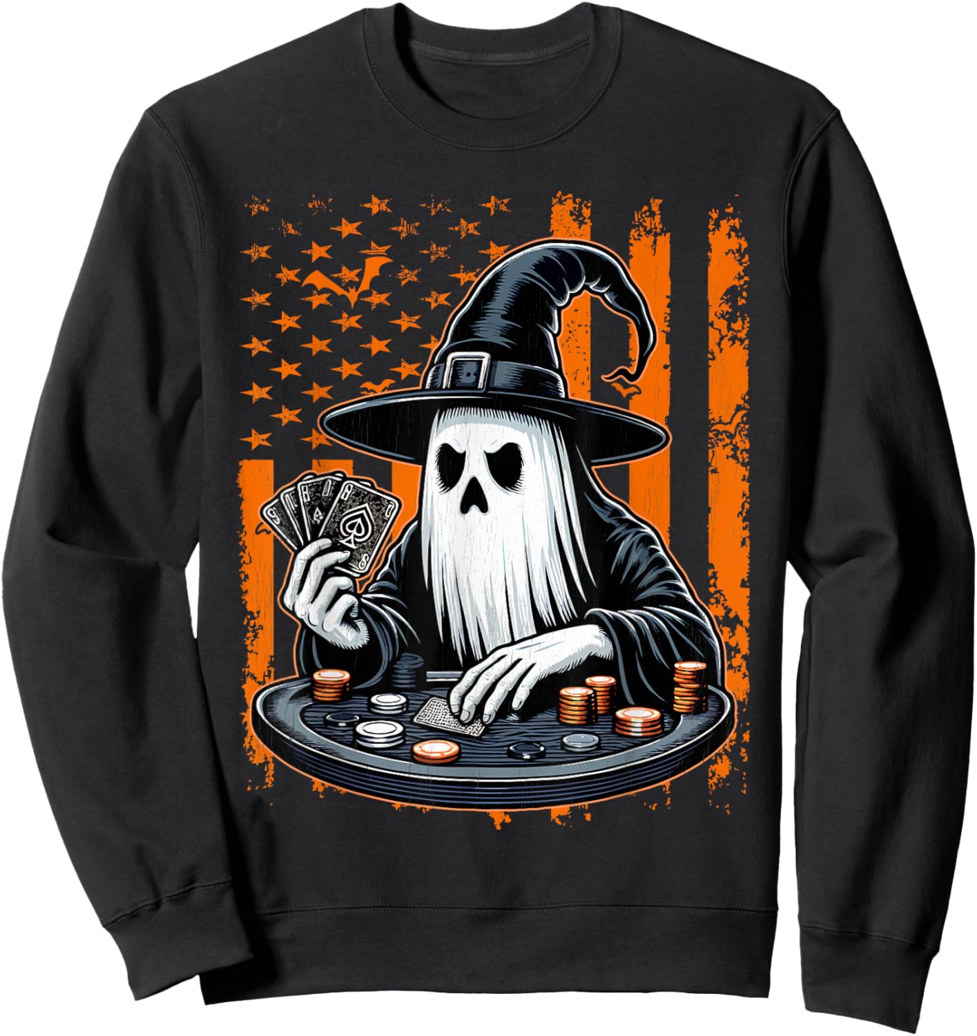 Poker Ghost Halloween Scary Costume Poker Player USA Flag Sweatshirt - Sweatshirt | Black