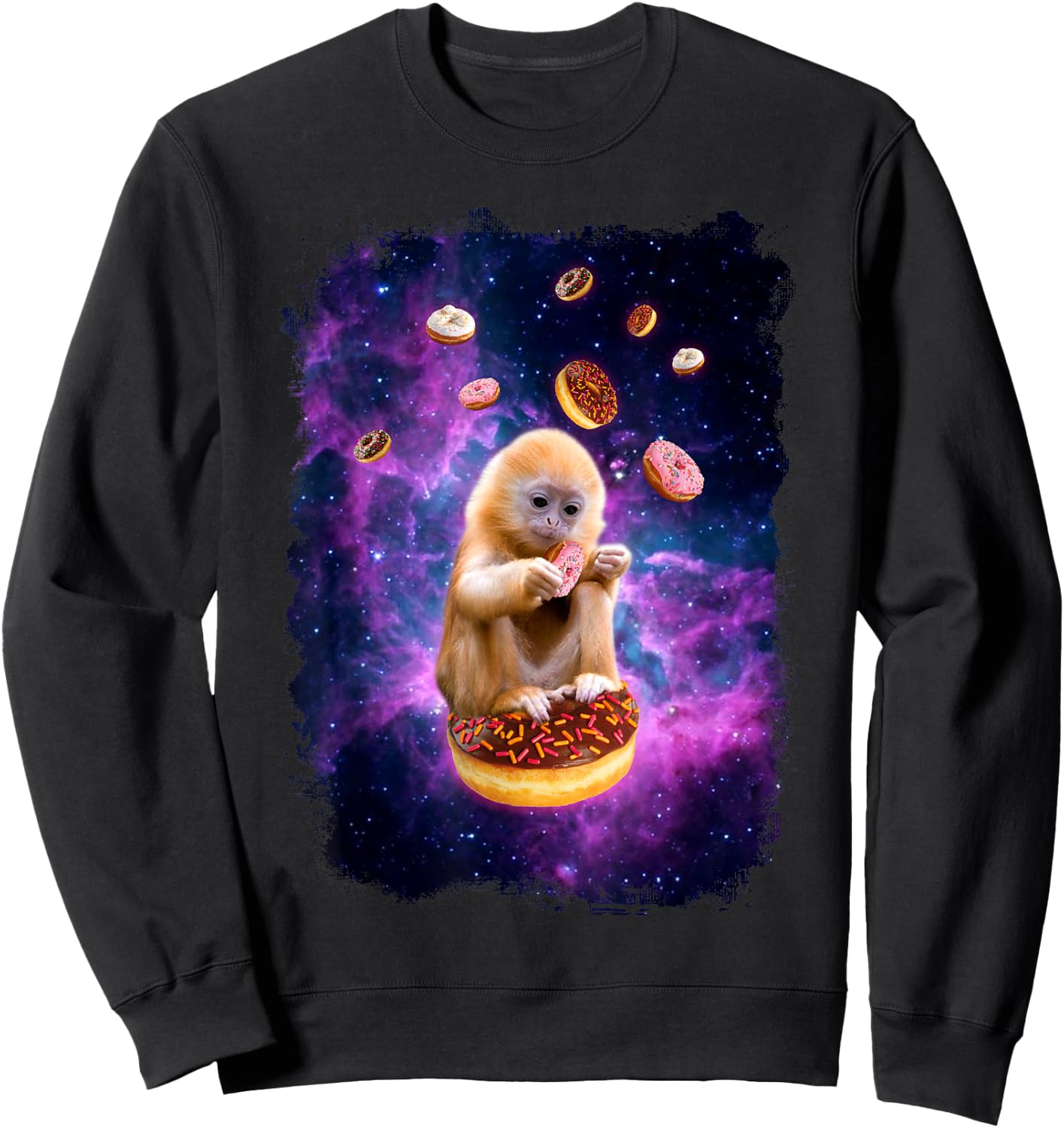 Monkey Eating Donuts in Space - Funny Animal Monkey Sweatshirt - Sweatshirt | Black