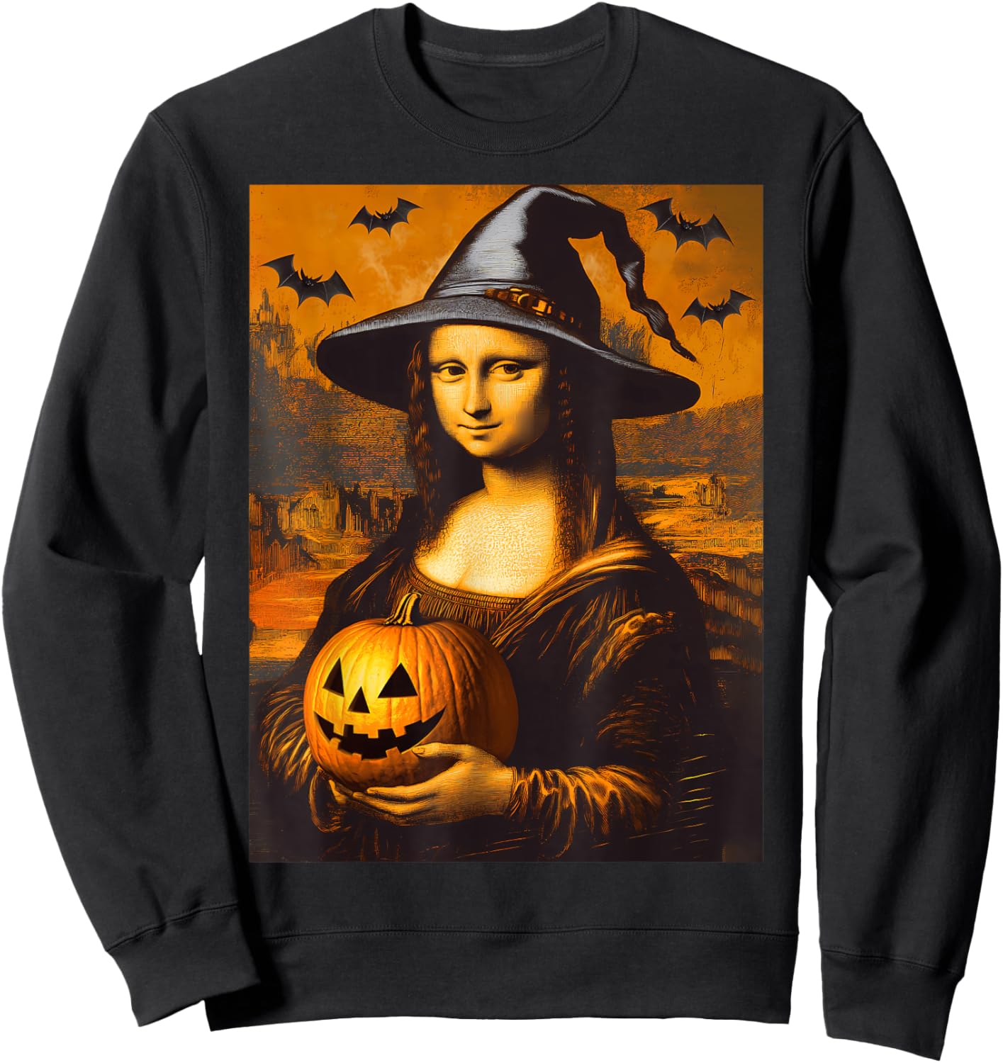 Scary Halloween Horror Mona Lisa Art Spooky Pumpkin Painting Sweatshirt - Sweatshirt | Black