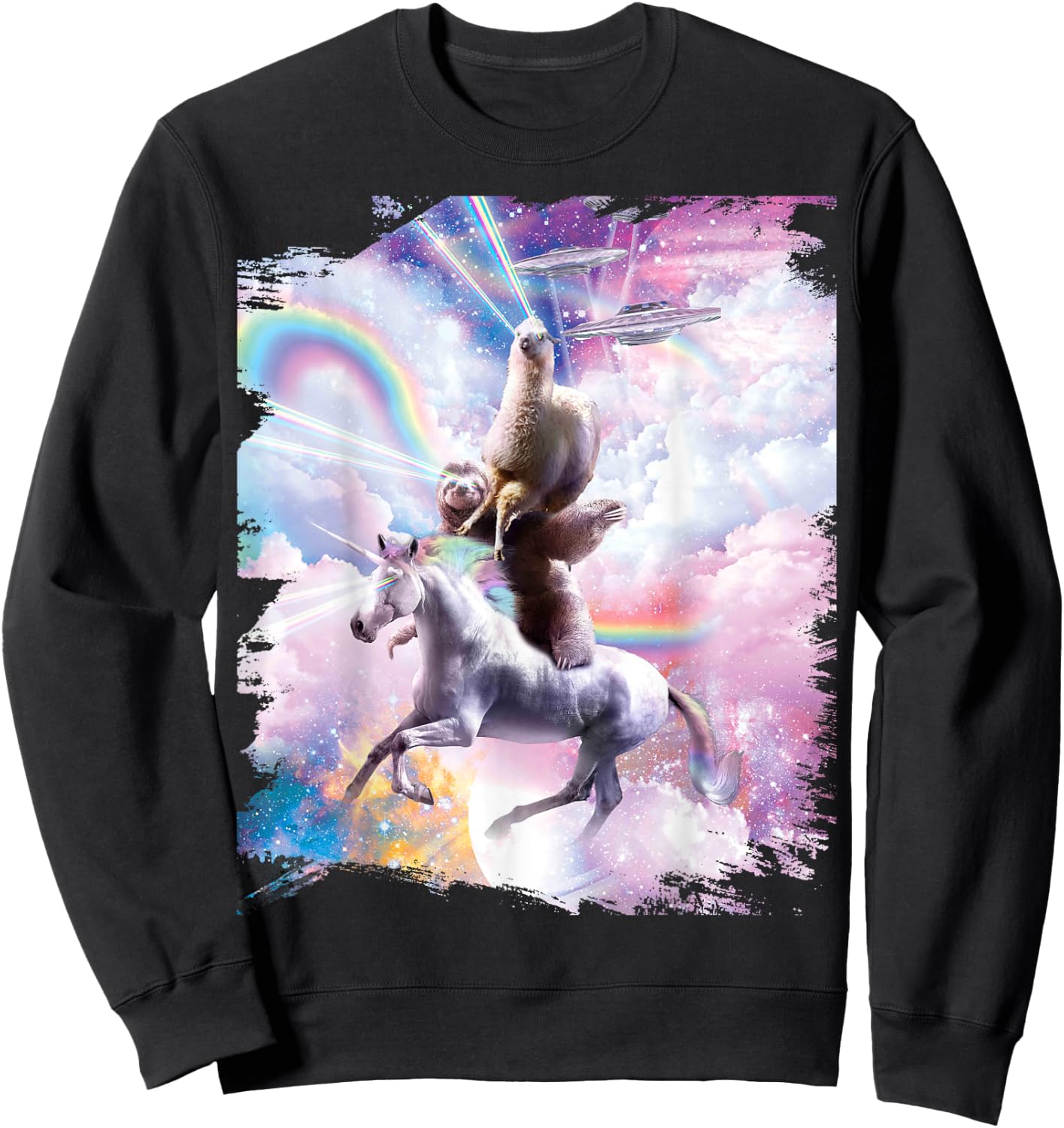 Laser Eyes Space Llama on Sloth Unicorn - Rainbow Sweatshirt - Sweatshirt | Black