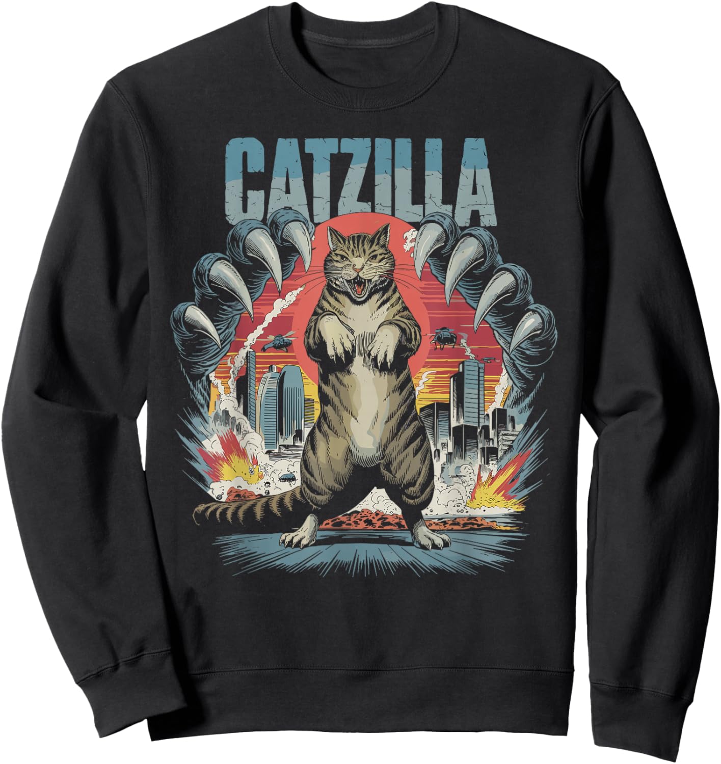 Catzilla Cat Funny Kitten Lover Japanese Art Men Women Sweatshirt - Sweatshirt | Black