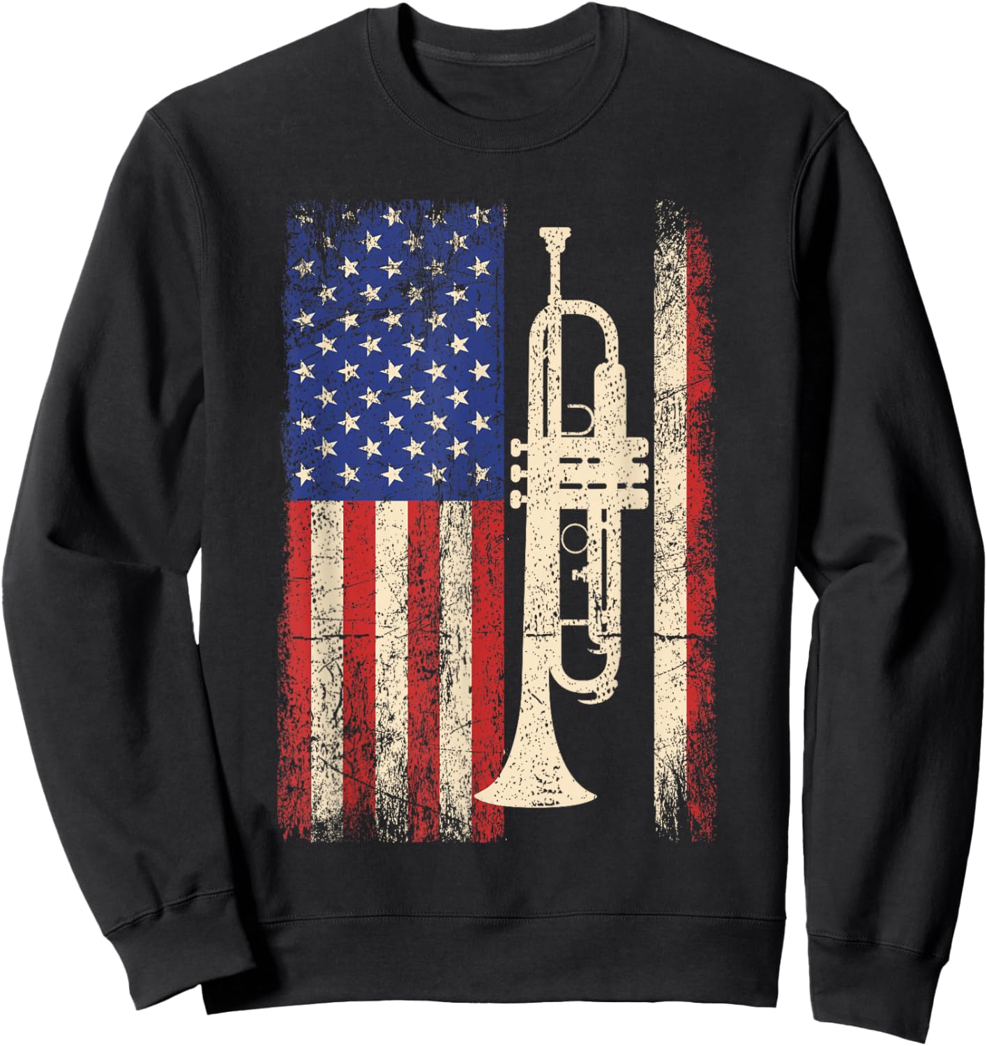 Trumpet USA American Flag Shirt Jazz Music Vintage Men Sweatshirt - Sweatshirt | Black
