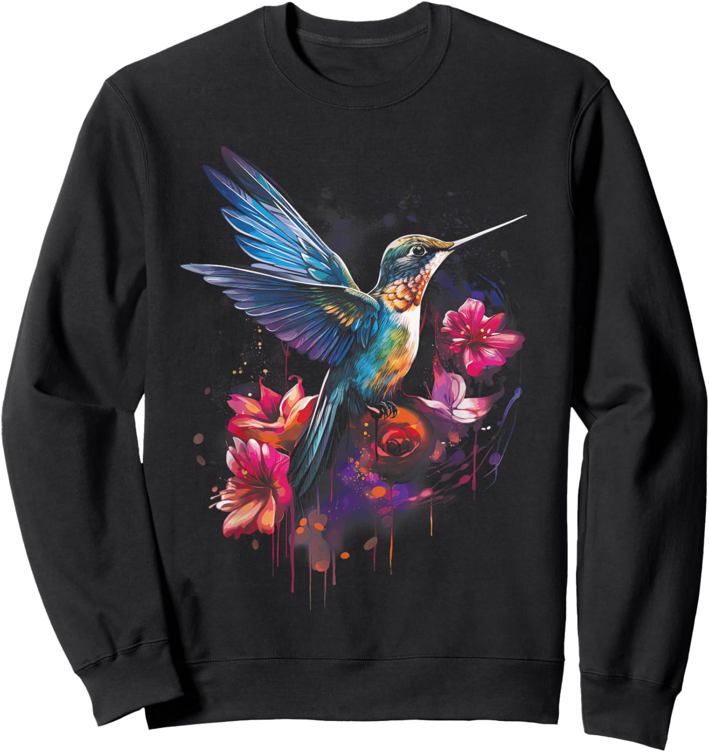 Hummingbird Floral Bird Artwork Sweatshirt - Sweatshirt | Black