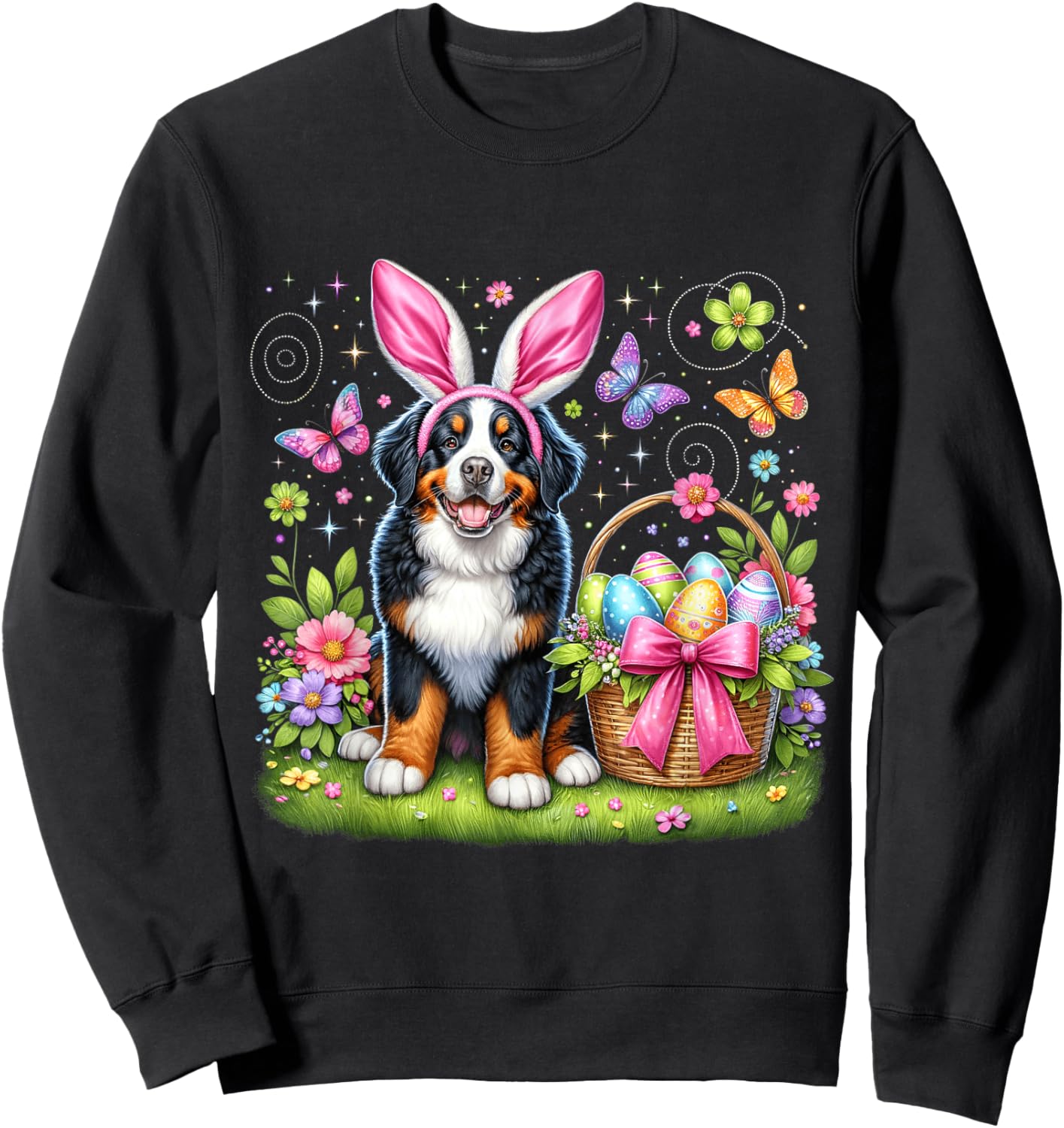 Cute Bunny Bernese Mountain Dog Dog Easter Eggs Basket Party Sweatshirt - Sweatshirt | Black