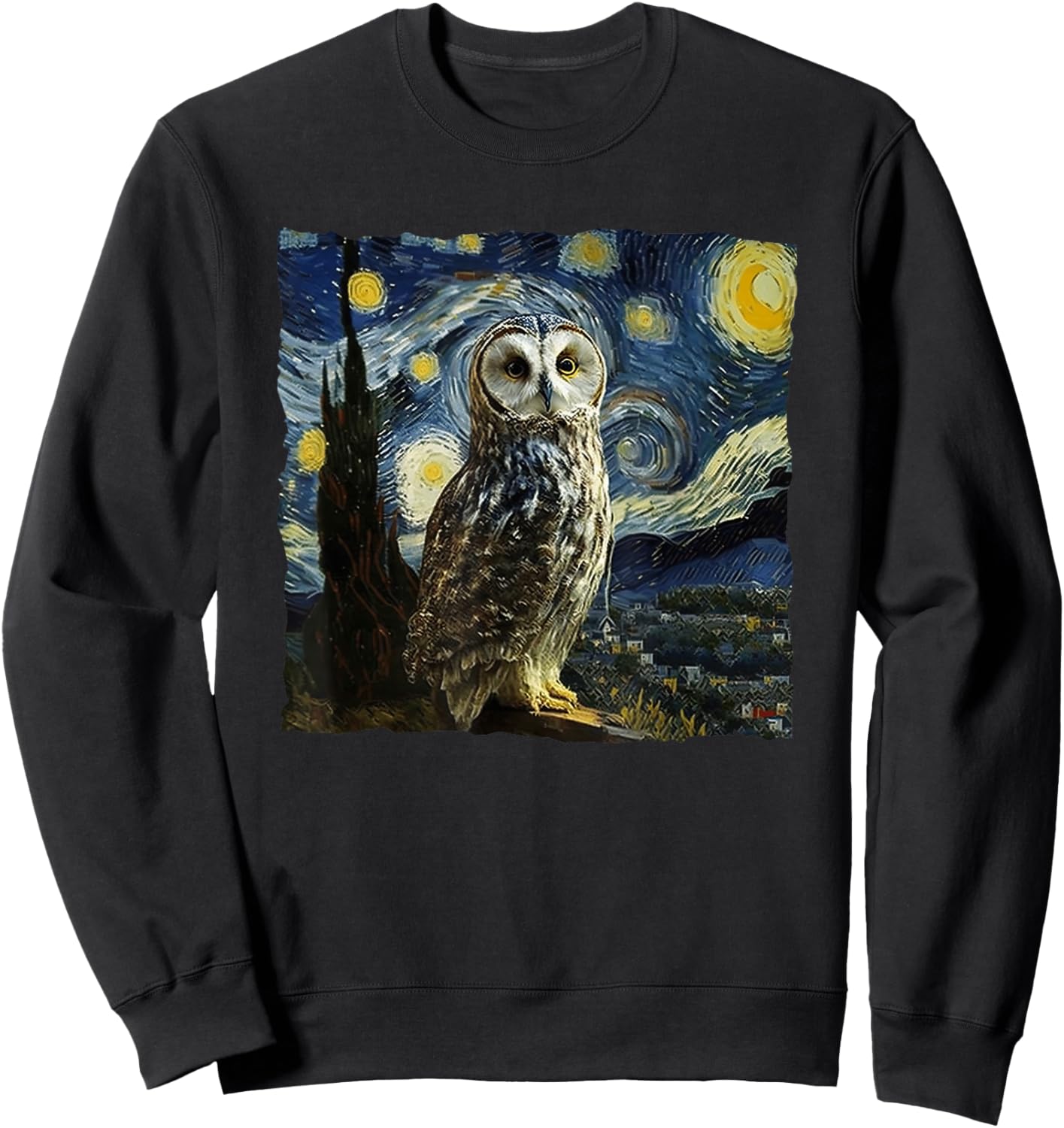Owl Starry Night Van Gogh Painting Moon Owls Owl Lover Sweatshirt - Sweatshirt | Black