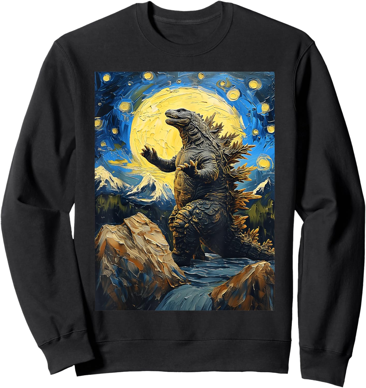 Japanese Monster Kaiju in Van Gogh Starry Night Sweatshirt - Sweatshirt | Black