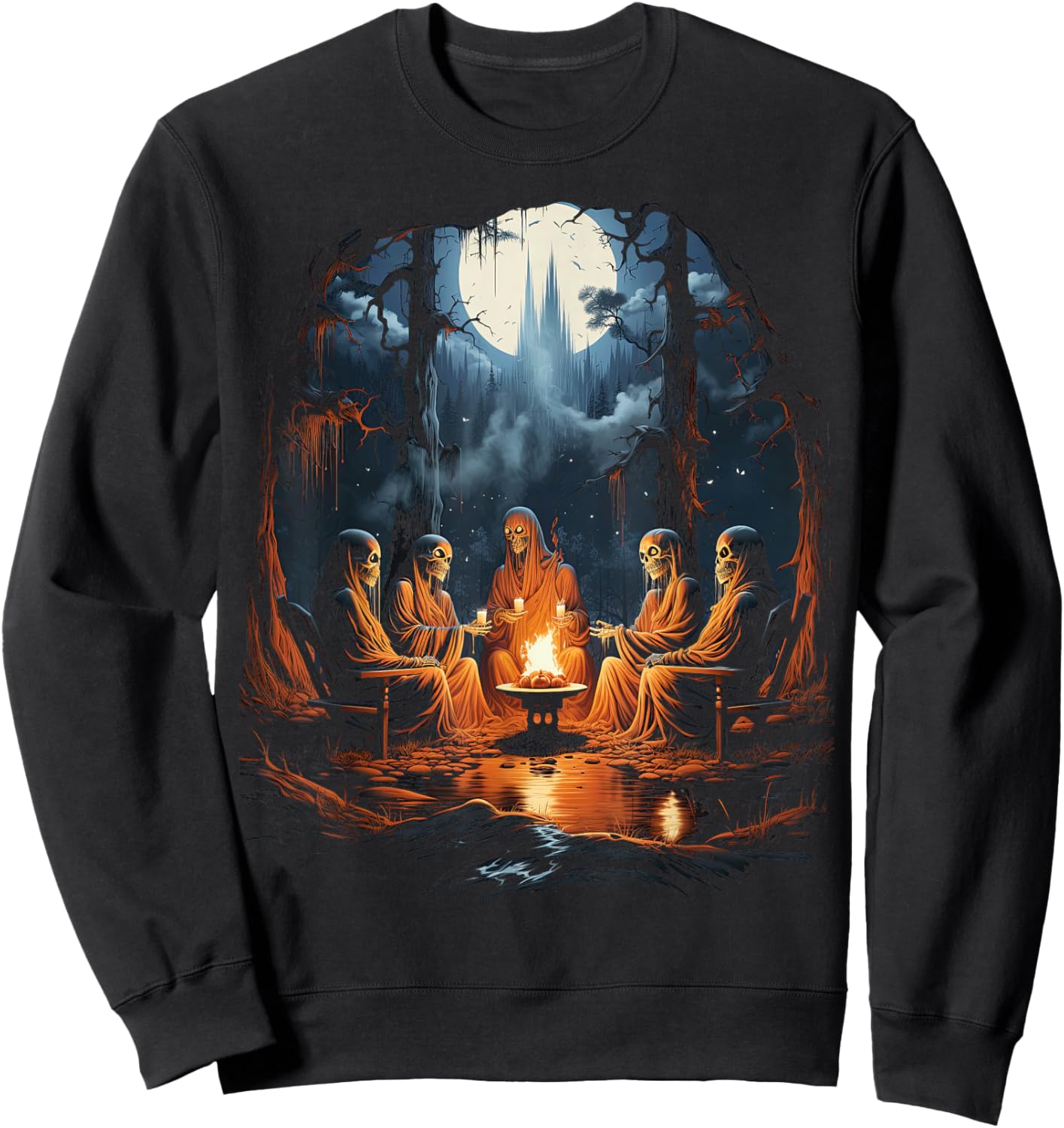 Vintage Ghost and Skeleton by Fire Camping Gothic Halloween Sweatshirt - Sweatshirt | Black