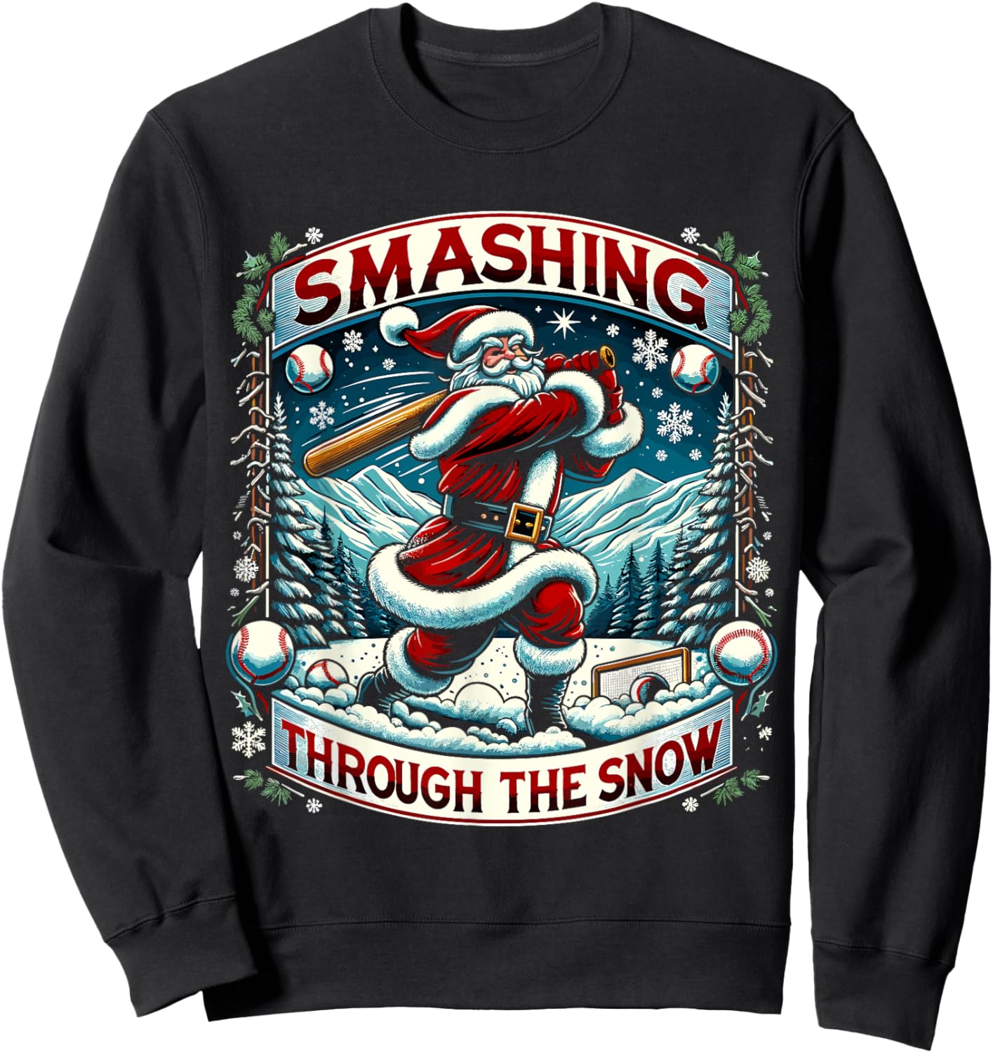 Smashing Through The Snow Boys Baseball Lifestyle Santa Sweatshirt - Sweatshirt | Black