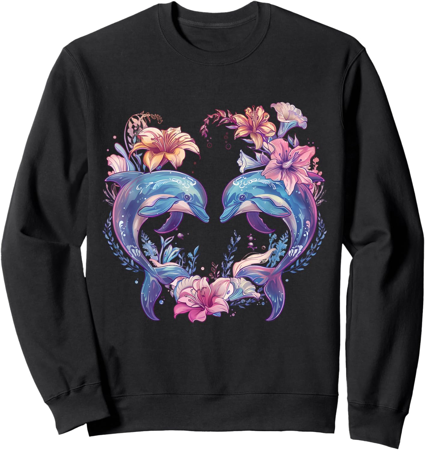 Dolphin Floral Motif Dolphin Lover Sea Ocean Animal Sweatshirt - Sweatshirt | Black