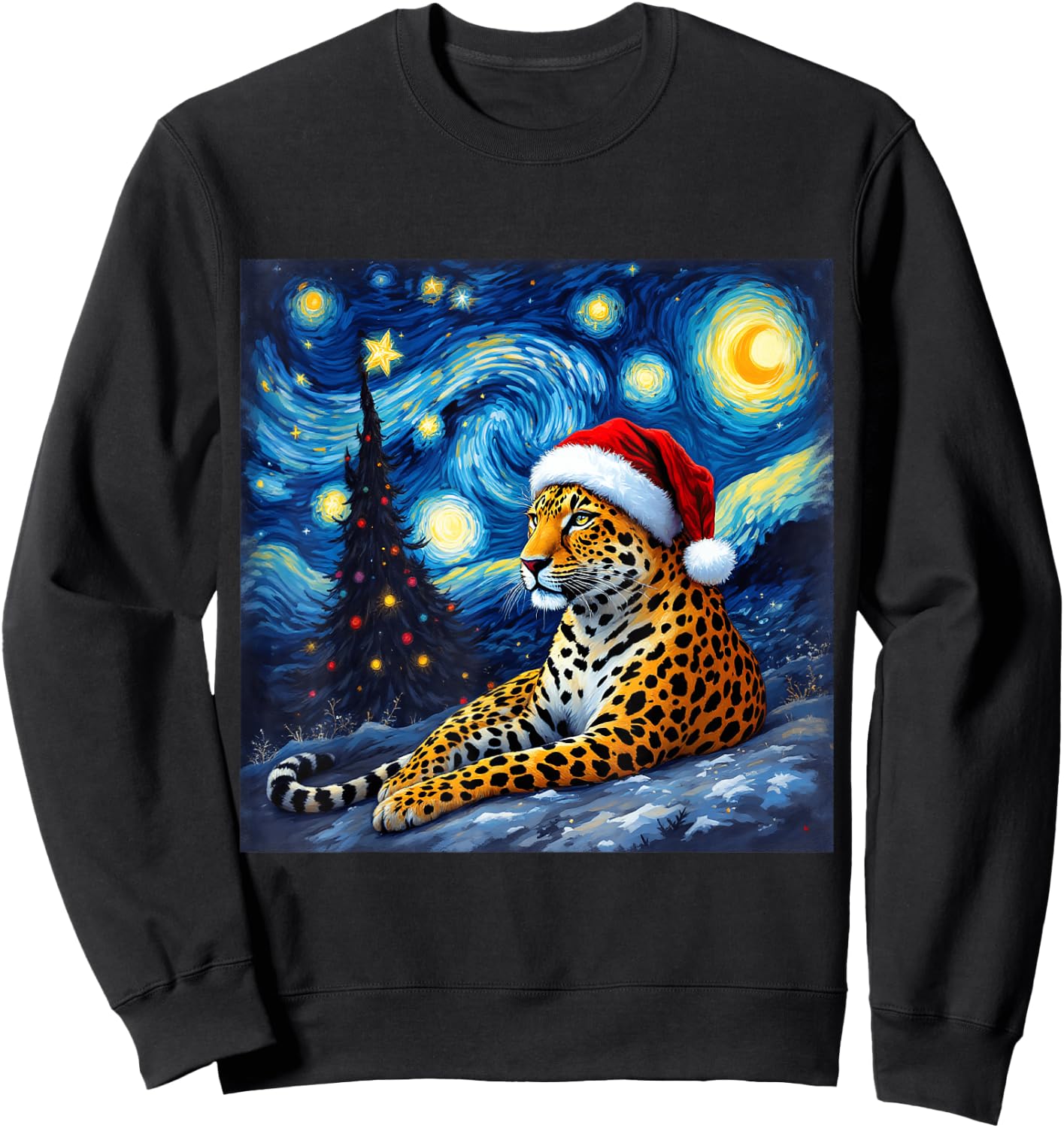 Christmas Leopard Santa Hat Van Gogh Starry Night Holiday Sweatshirt - Sweatshirt | Black