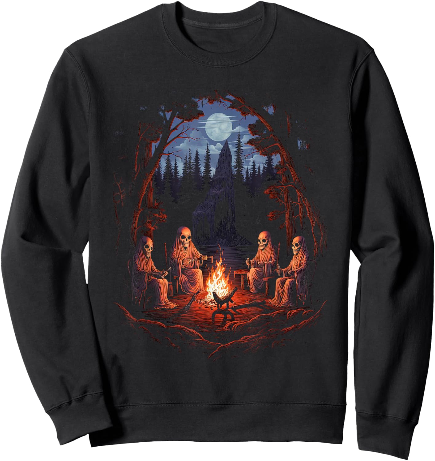 Vintage Ghost and Skeleton by Fire Camping Gothic Halloween Sweatshirt - Sweatshirt | Black