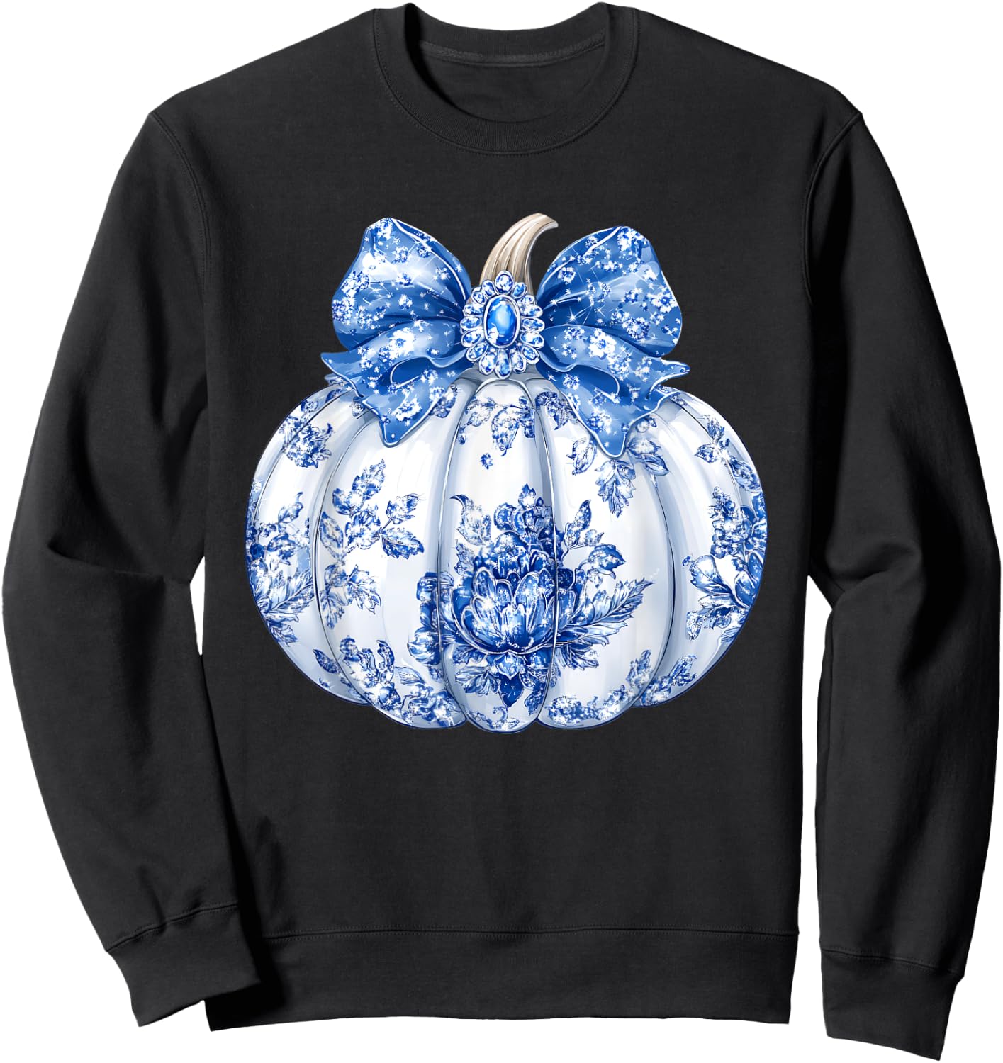 Fall Coquette Chinoiserie Blue Floral Pumpkin Thanksgiving Sweatshirt - Sweatshirt | Black