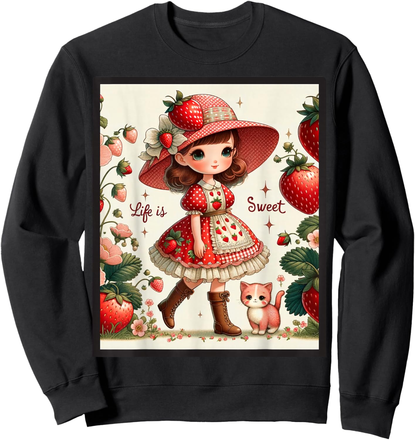 Cute Life Is Sweet Strawberry Cake Vintage Berry Garden Sweatshirt - Sweatshirt | Black