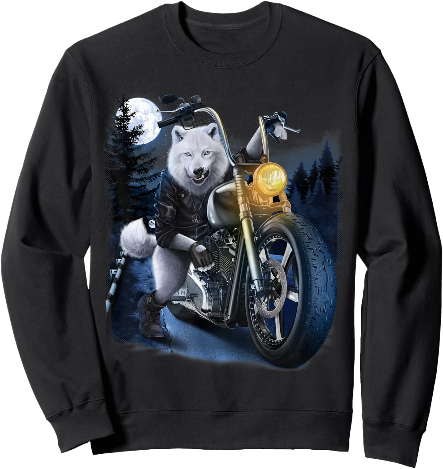 Wolf Riding Chopper Motorcycle in Full Moon Sweatshirt - Sweatshirt | Black