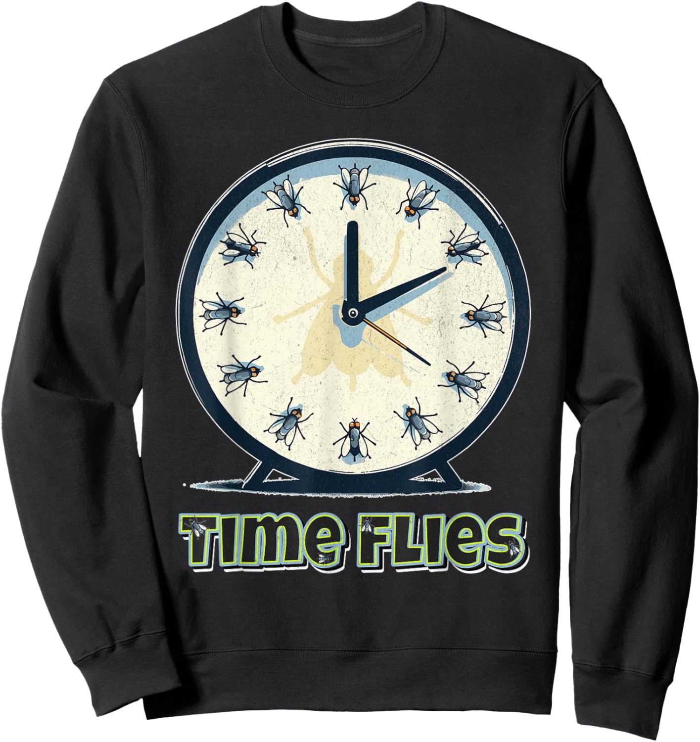 Time Flies Funny Clock Graphic Flying Bugs Pun Sweatshirt - Sweatshirt | Black