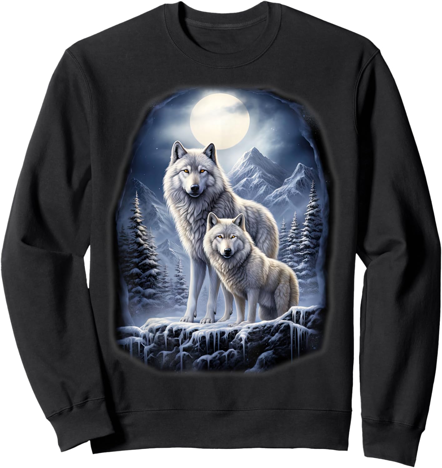 2 Wölfe auf eisigem Hügel in den Bergen vor dem Mond Sweatshirt - Sweatshirt | Black