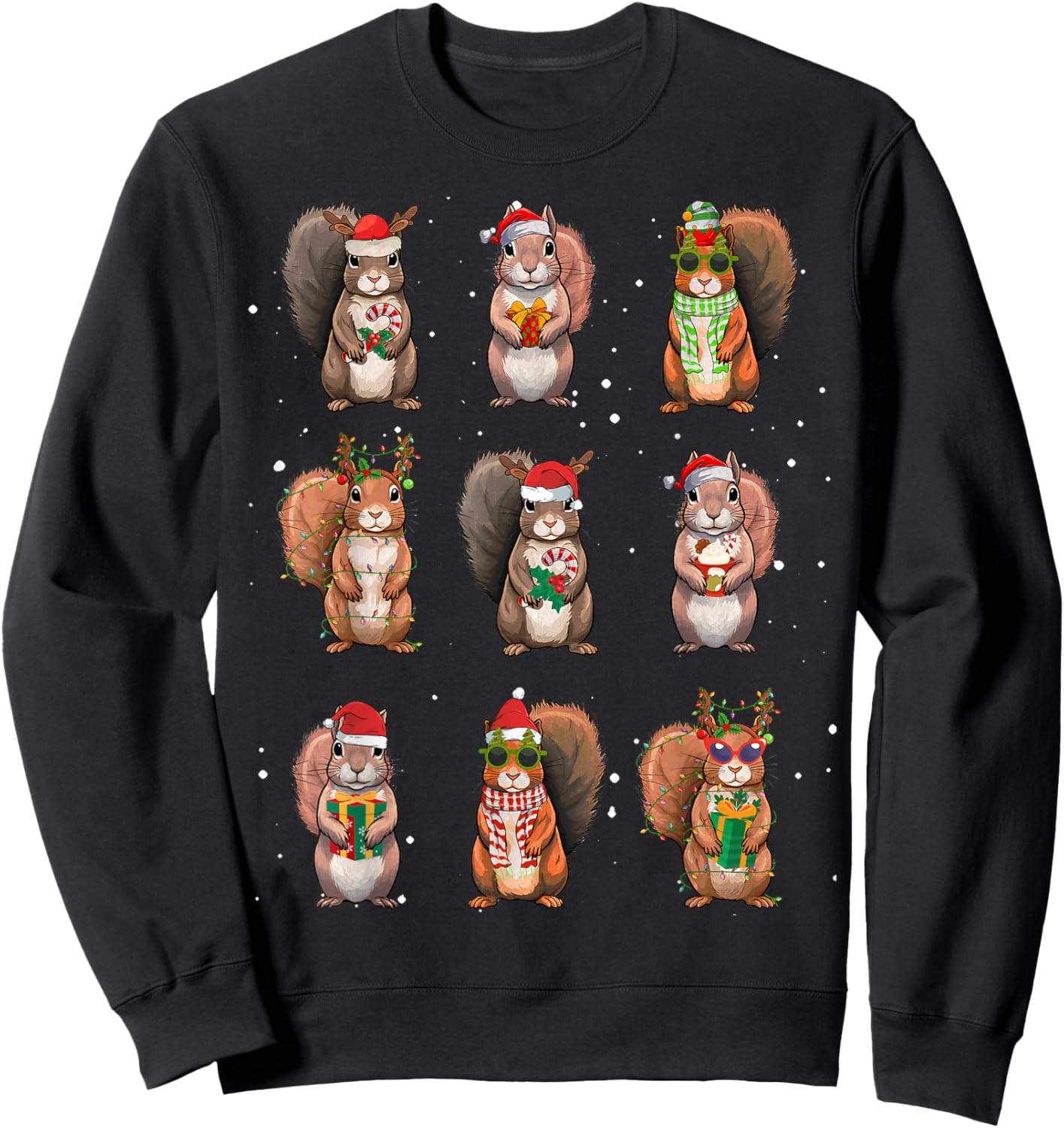 Squirrels Christmas Lights Decor Funny Squirrel Lover Pajama Sweatshirt - Sweatshirt | Black