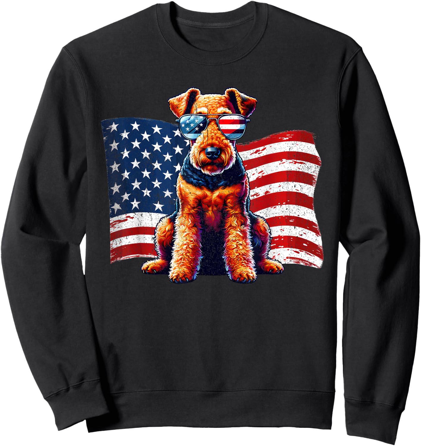 Vintage Airedale Terrier American Flag Sunglasses Patriotic Sweatshirt - Sweatshirt | Black