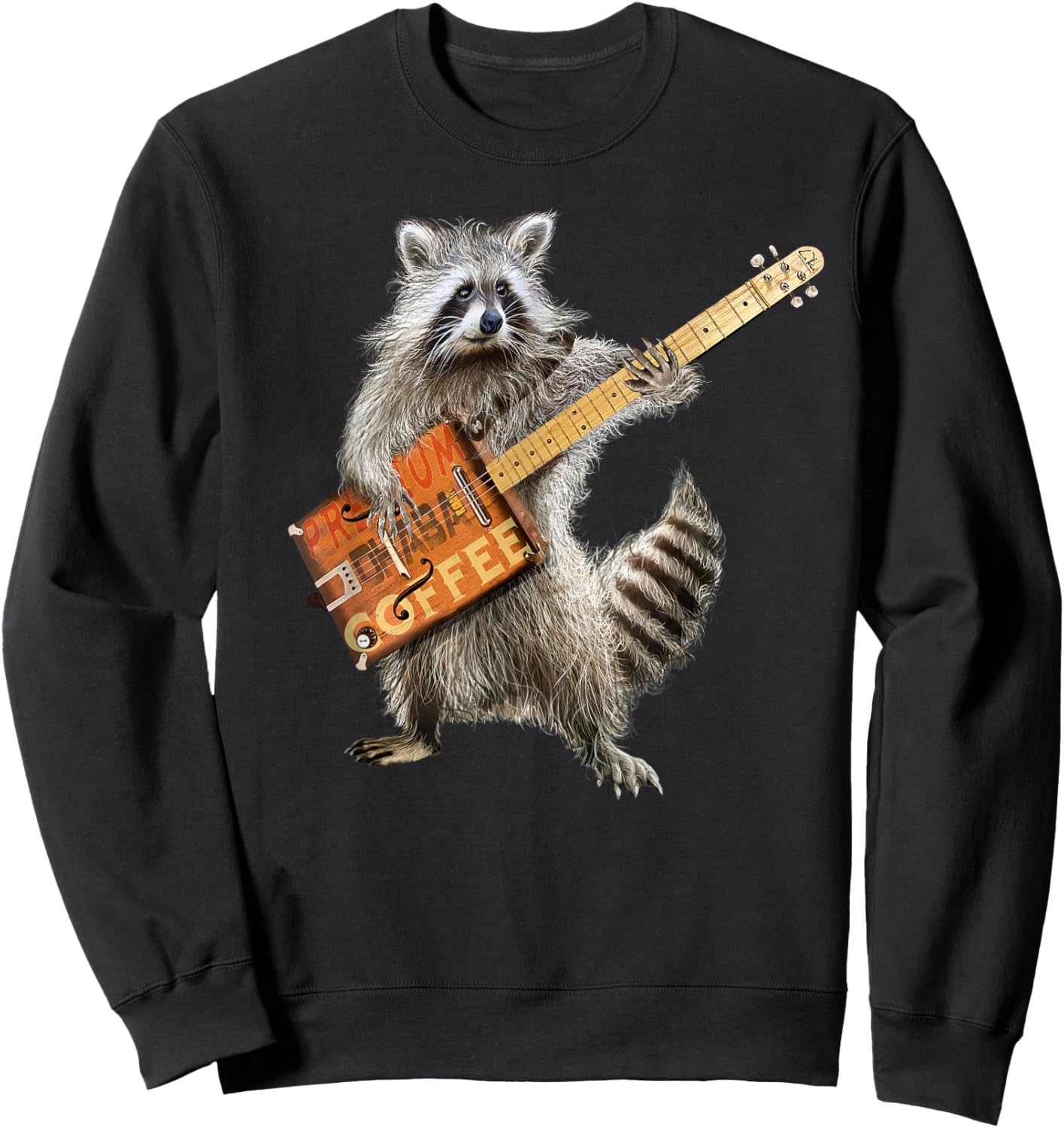 Raccoon Cute Funny Coffee Guitar Player Guitarist Animal Art Sweatshirt - Sweatshirt | Black