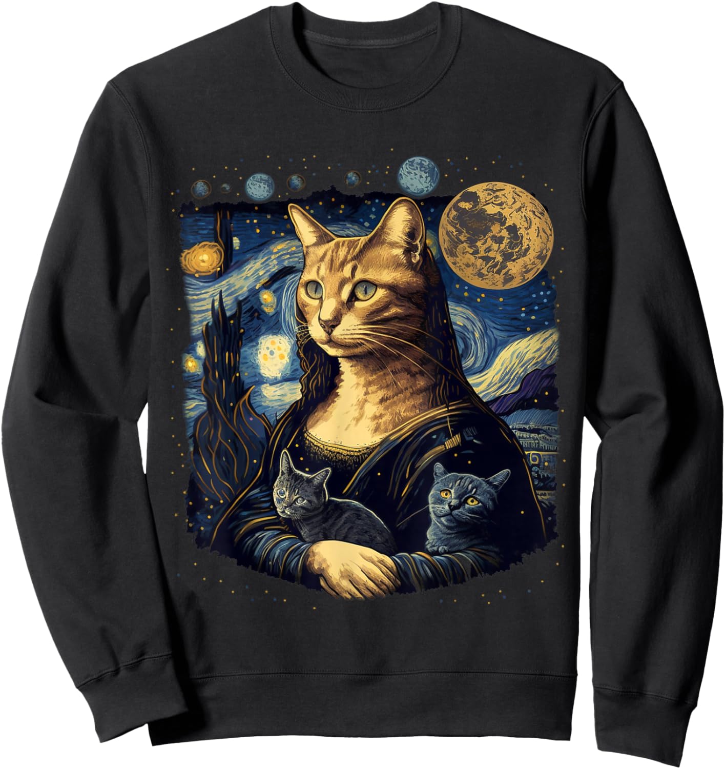 Cat Mona Lisa With Cats Starry Night Van Gogh Funny Art Sweatshirt - Sweatshirt | Black