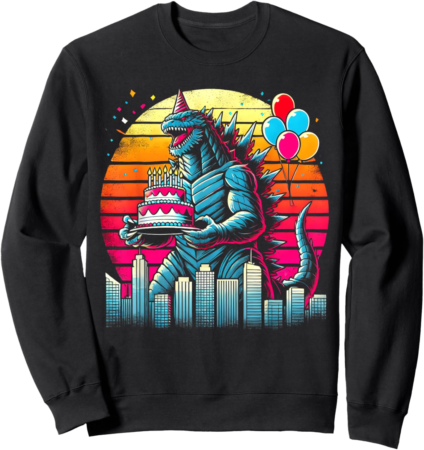 Kaiju Balloon And Cake Funny Japanese Monster Lover Birthday Sweatshirt - Sweatshirt | Black