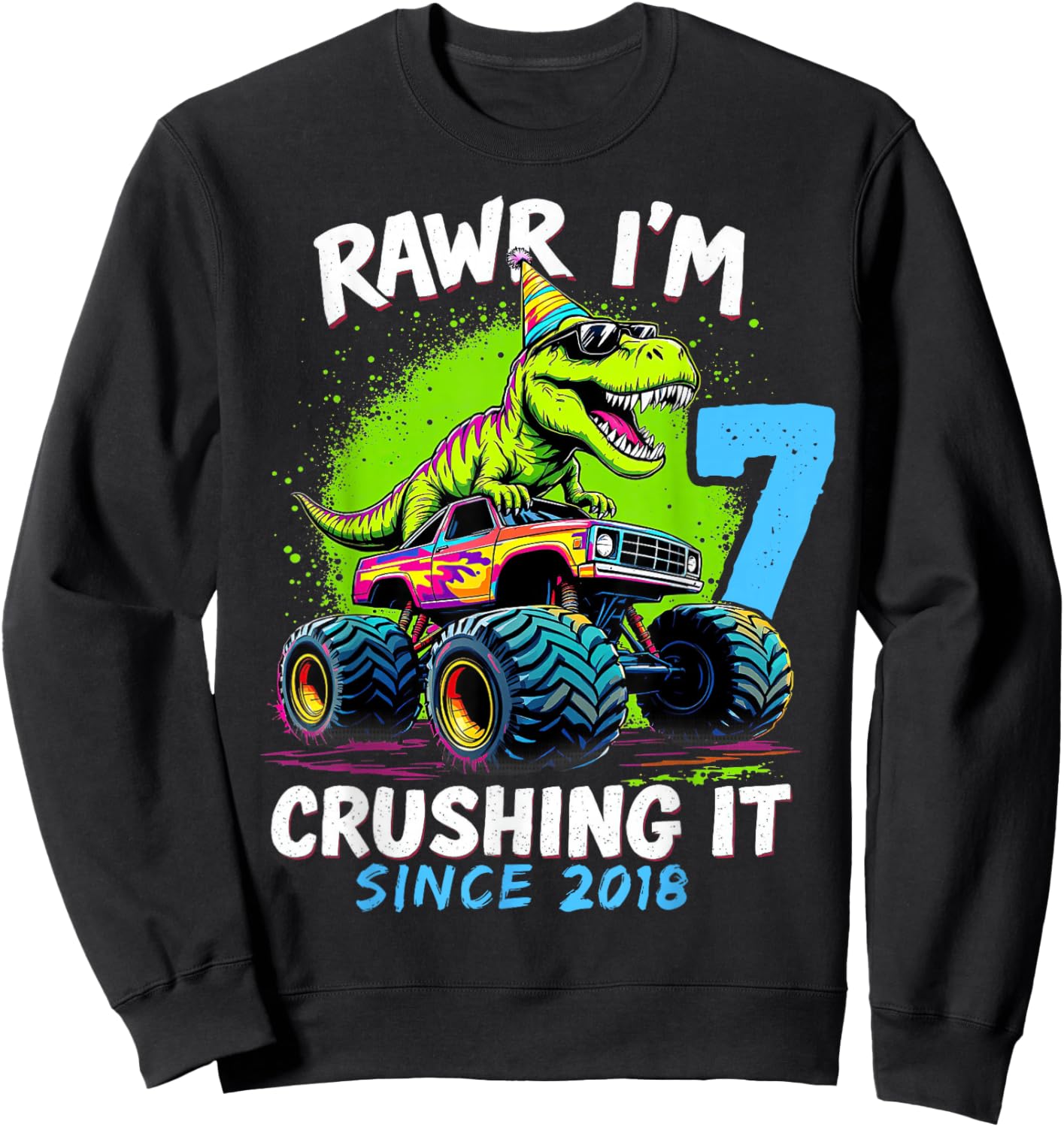 7th Birthday Monster Truck Dinosaur Party Boys Rawr I'm 7 Sweatshirt - Sweatshirt | Black