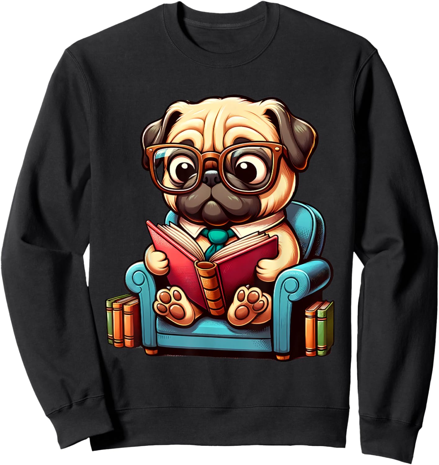 Pug Reading a Book Dog Men Women Girls Kids Sweatshirt - Sweatshirt | Black