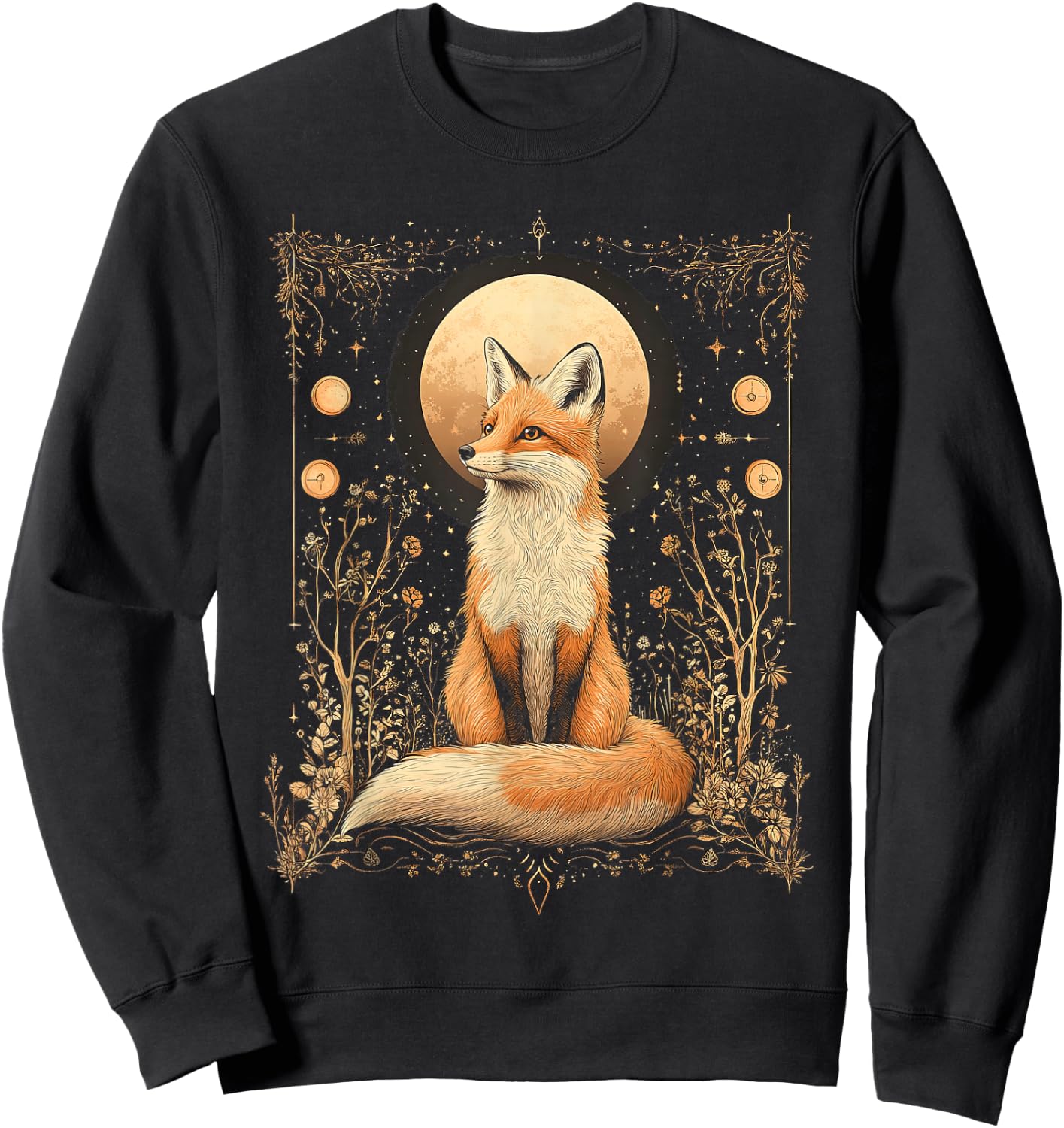Mystic Moon and Moonphase Fox Mystical Flowers Aesthetic Sweatshirt - Sweatshirt | Black