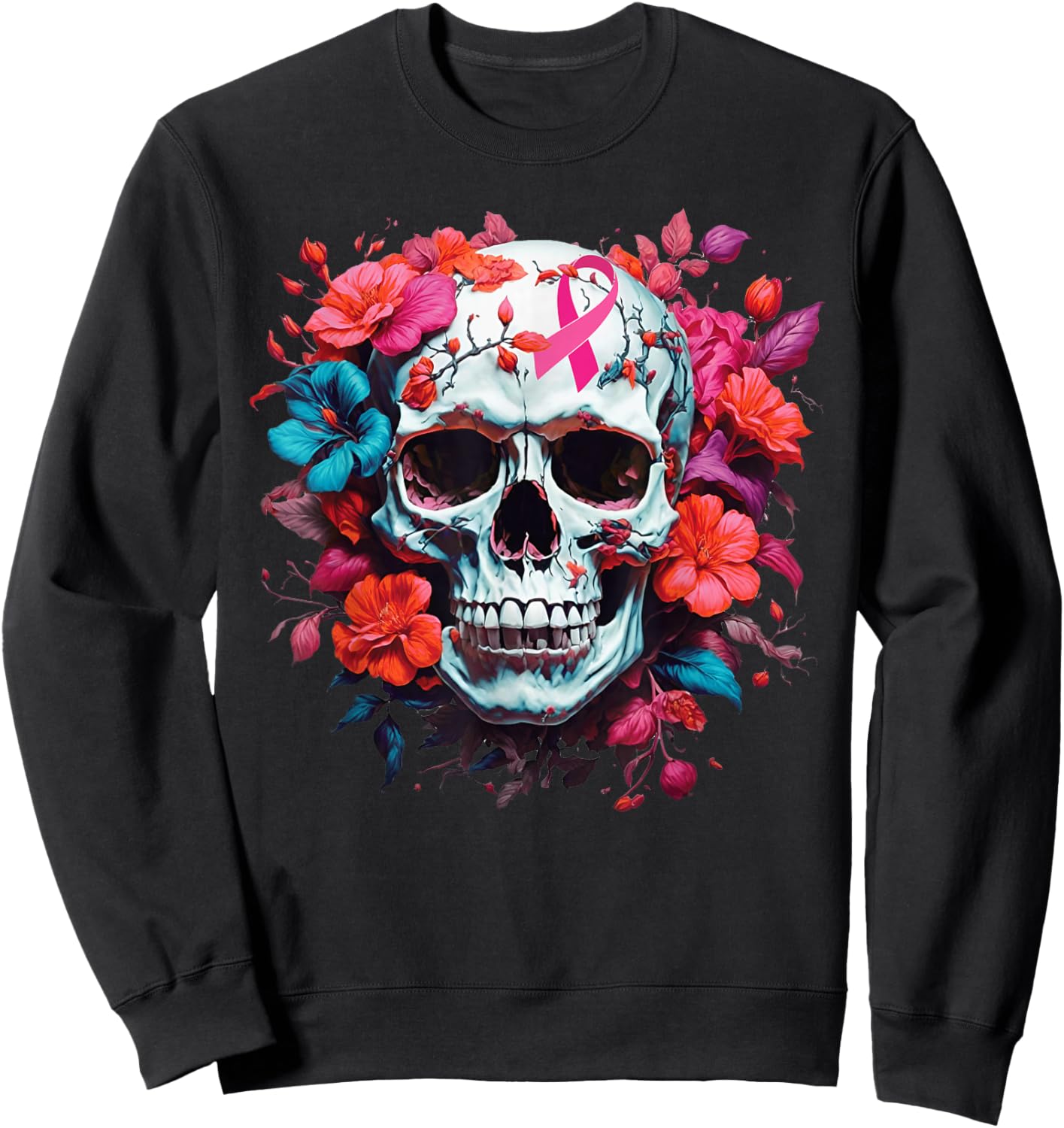 Breast Cancer Skull Shirt Sugar Skull Pink Ribbon Sweatshirt - Sweatshirt | Black