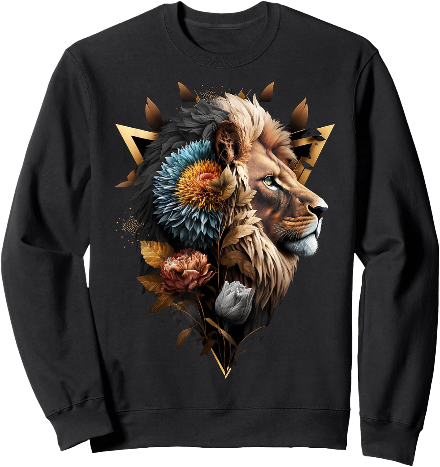 Lion Flowers Artwork Animal Print Art Lion Motif Sweatshirt - Sweatshirt | Black
