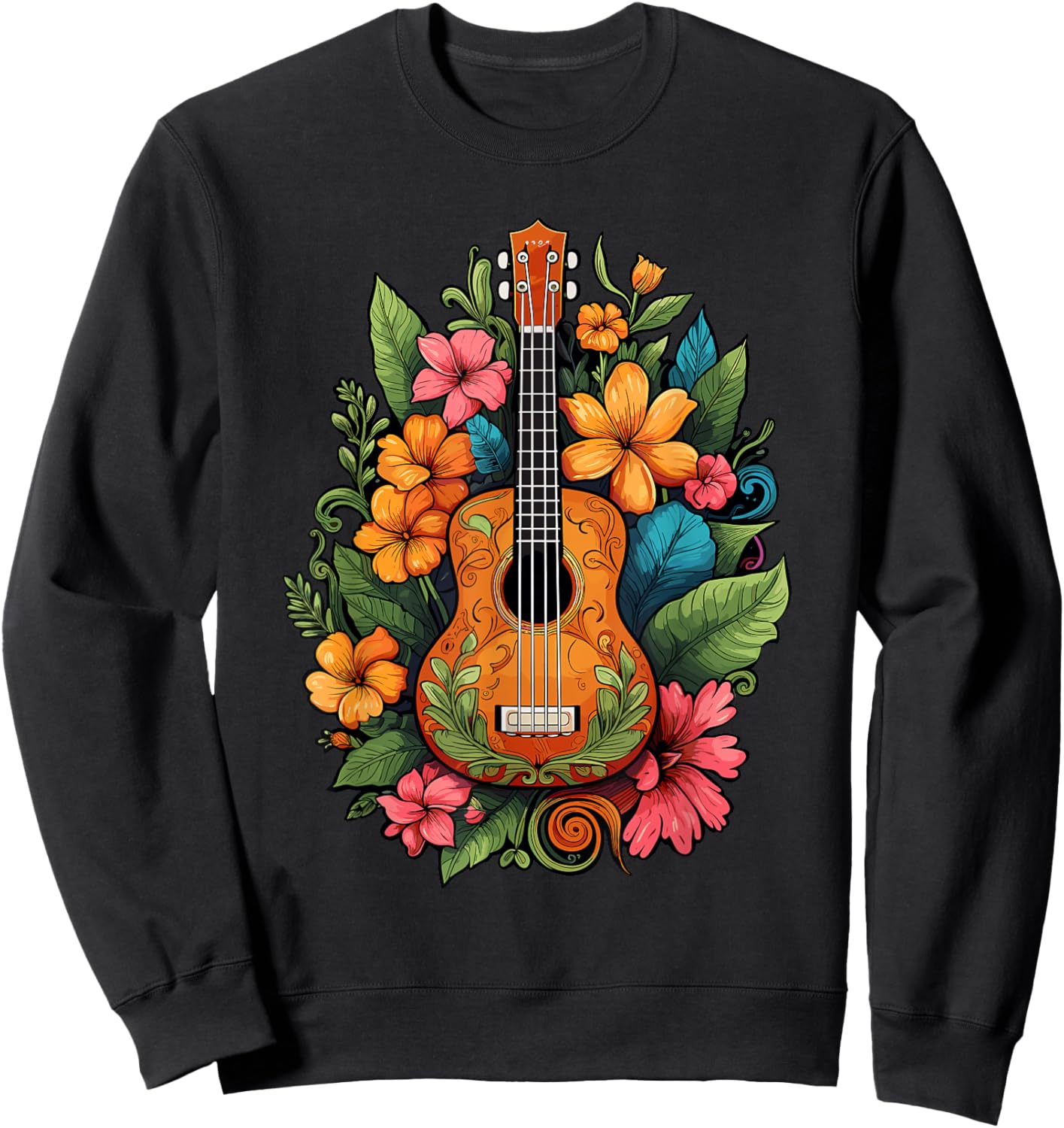 Ukulele Player Hawaiian Tropical Flowers Women Sweatshirt - Sweatshirt | Black