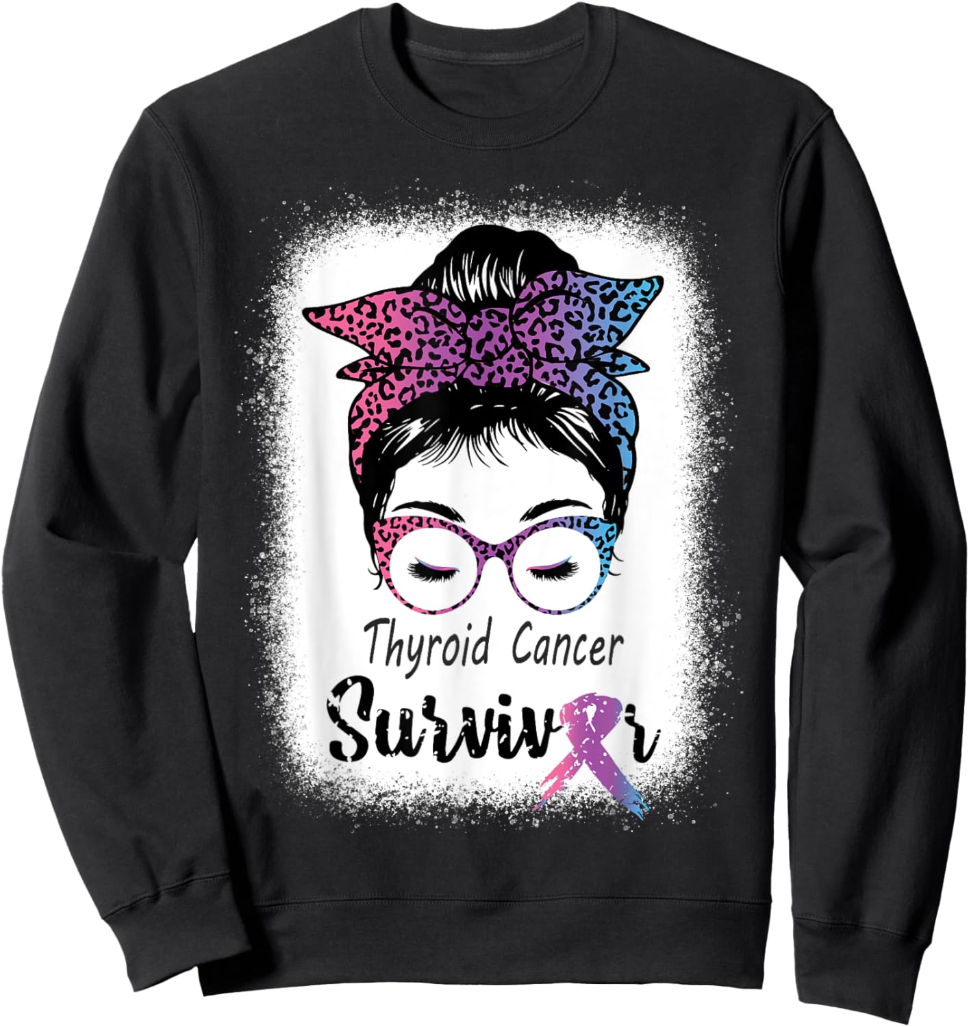 Thyroid Cancer Survivor Awareness Messy Bun Mom Teal ribbon Sweatshirt - Sweatshirt | Black