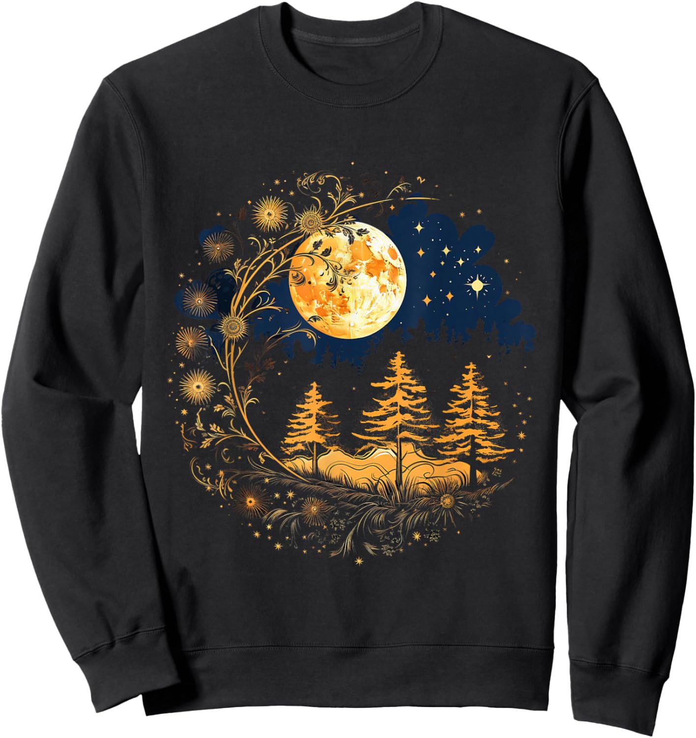 Mystical Sun and Moon with Woman Mystical Flowers Aesthetic Sweatshirt - Sweatshirt | Black