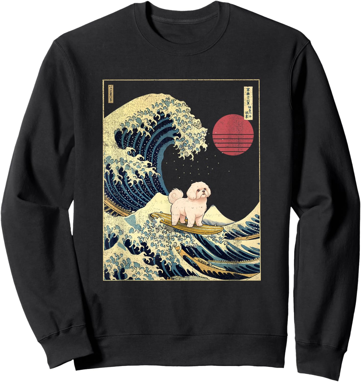 Maltese Japanese Kanagawa Wave Funny Surf Dog Sweatshirt - Sweatshirt | Black