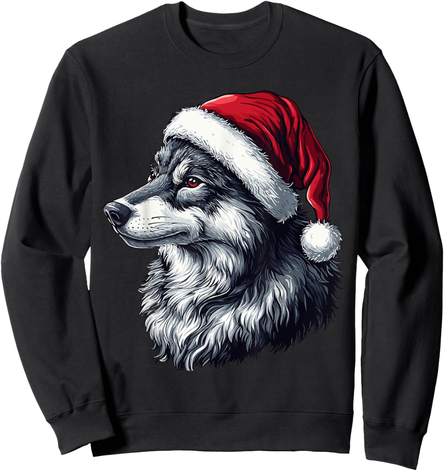 Funny Xmas Wolf Lovers Christmas Pajama Wolf Santa Hat Sweatshirt - Sweatshirt | Black