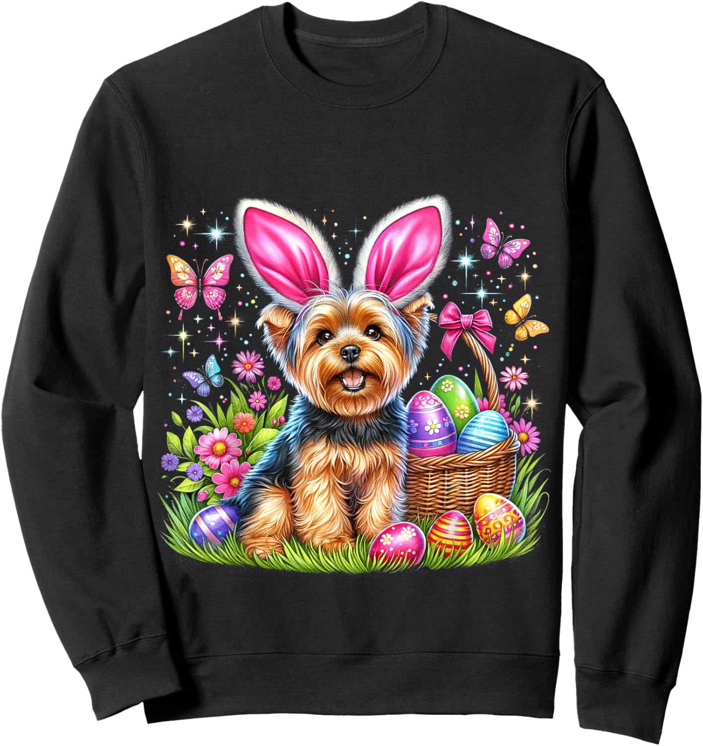 Cute Bunny Yorkshire Terrier Dog Easter Eggs Basket Men Women Kids Sweatshirt - Sweatshirt | Black