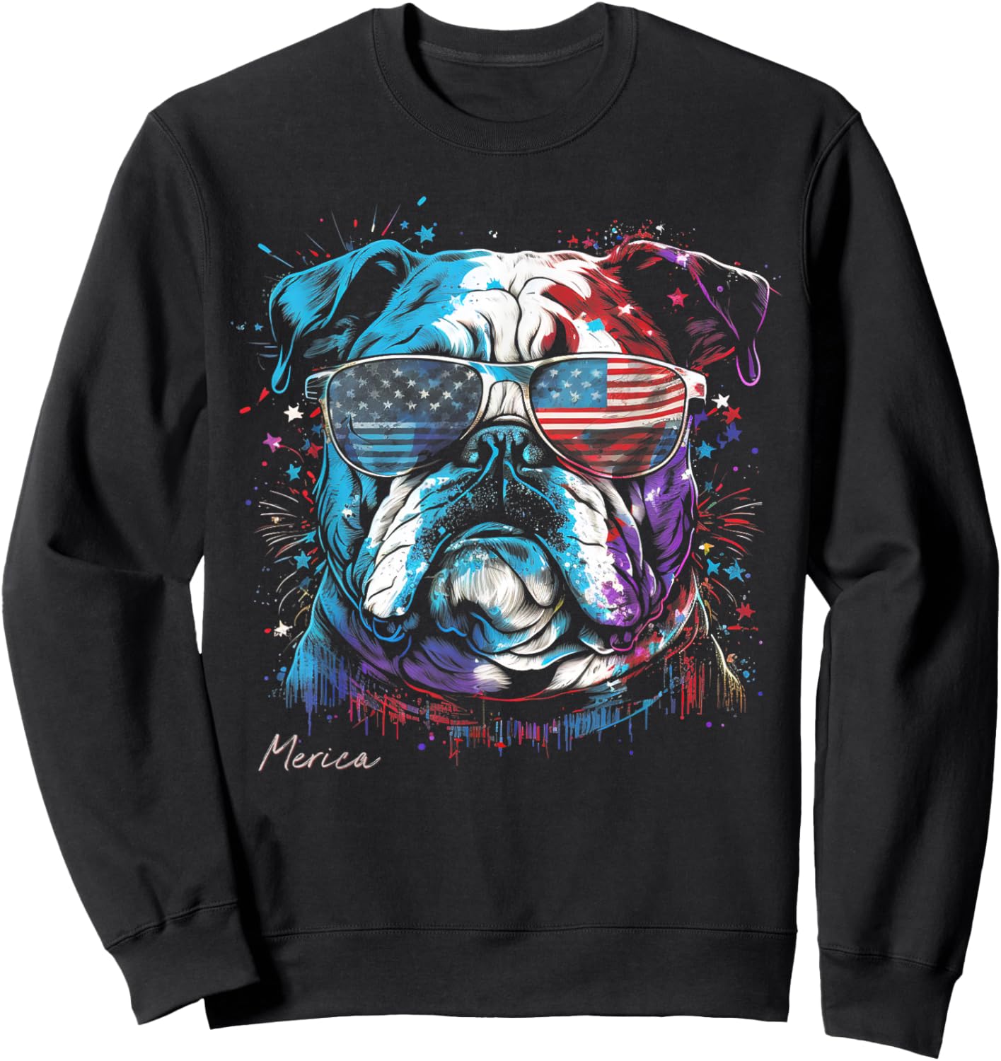 English Bulldog Dog 4th of July American Flag USA Funny Women Kids Men Sweatshirt - Sweatshirt | Black