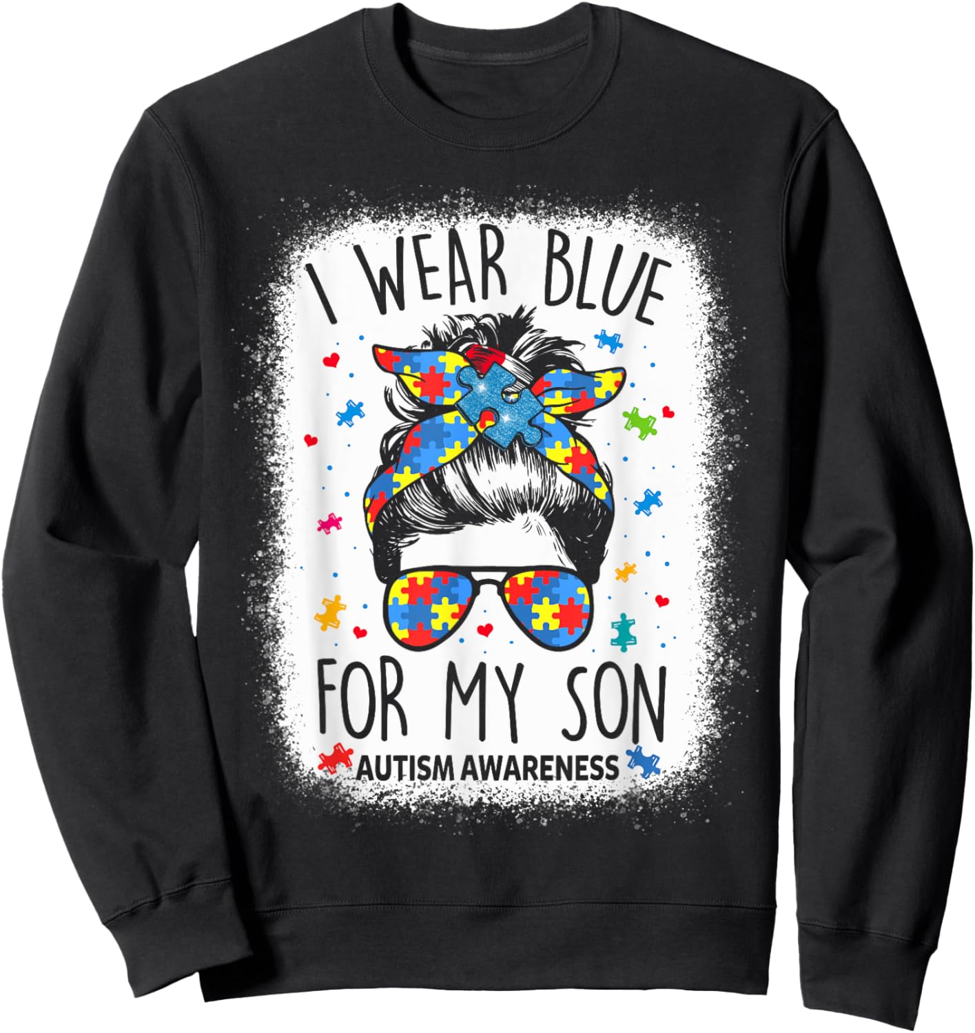 Autism Awareness shirt Mom Messy Bun I Wear Blue For My Son Sweatshirt - Sweatshirt | Black