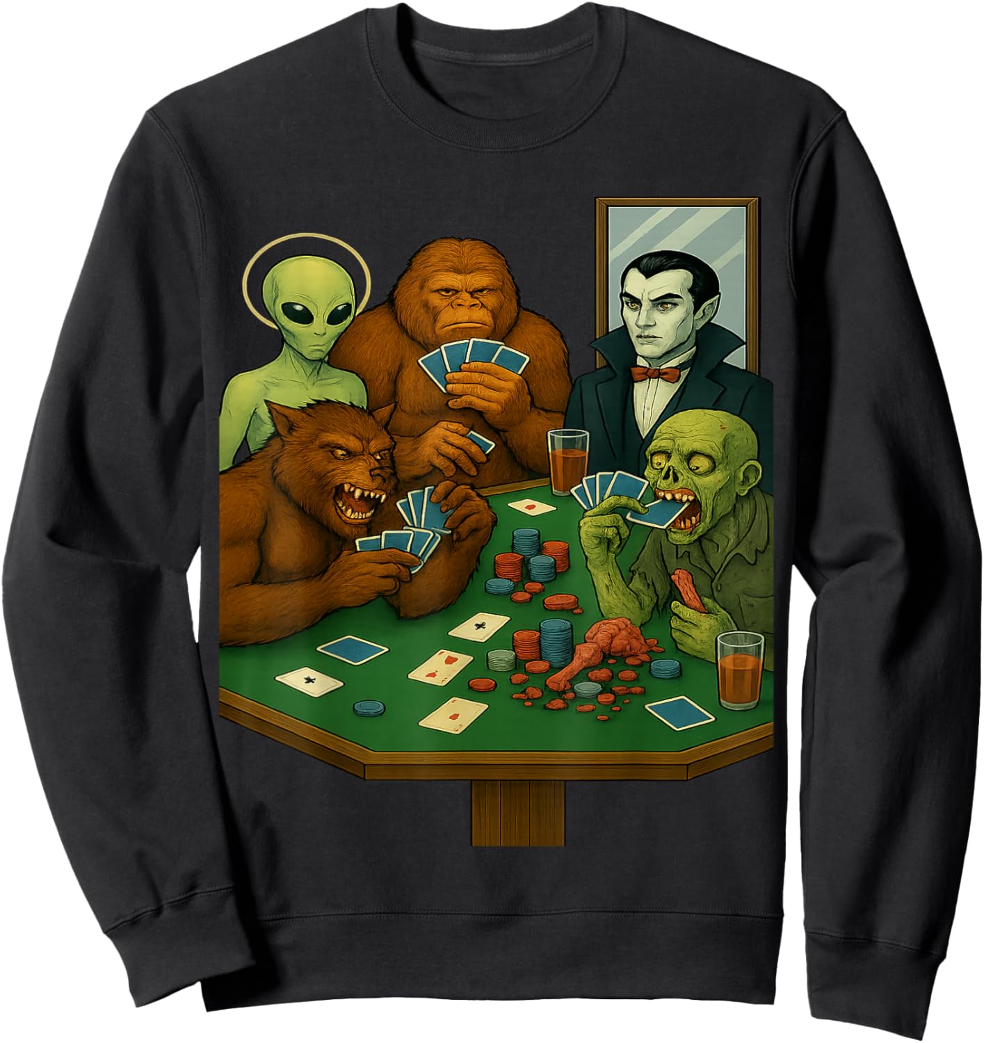 Sasquatch Alien Monsters Playing Cards Poker Funny Sweatshirt - Sweatshirt | Black
