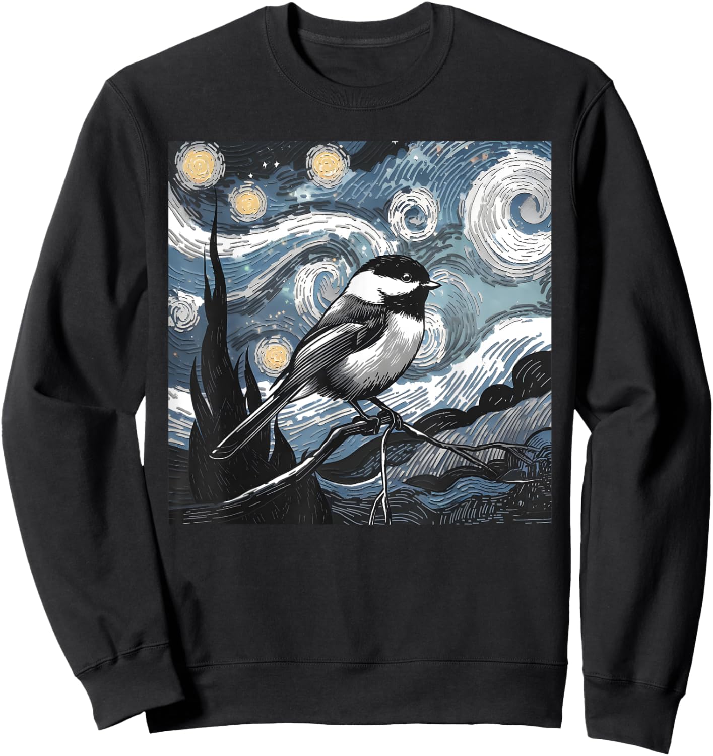 Black Capped Chickadee Bird Lover Starry Night Art Van Gogh Sweatshirt - Sweatshirt | Black