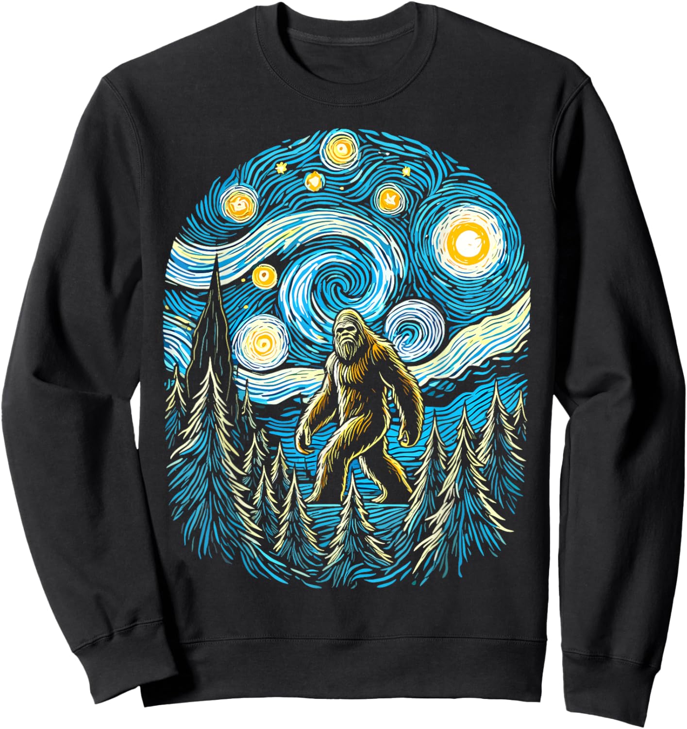 Bigfoot Starry Night Forest Van Gogh Sasquatch Painting Art Sweatshirt - Sweatshirt | Black
