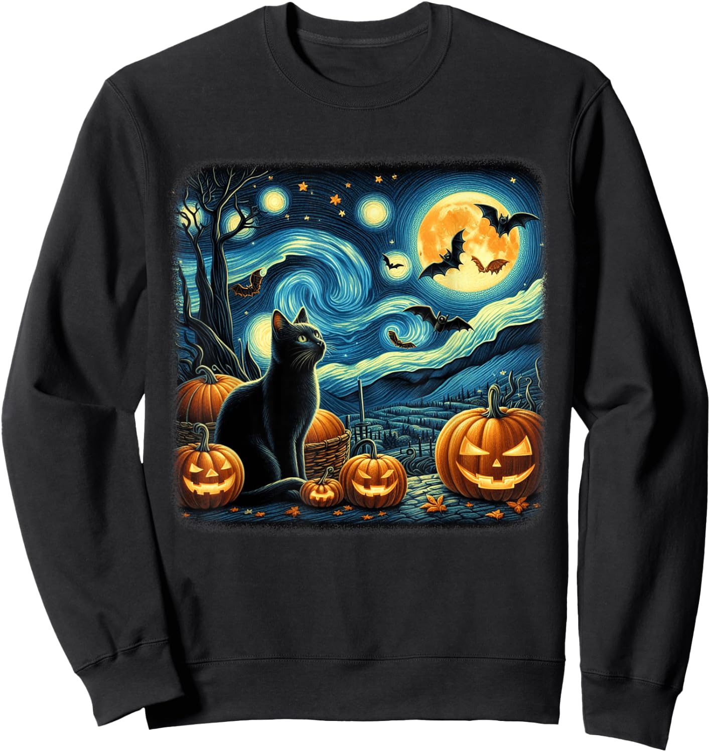 Van Gogh Cat Starry Night Black Cat Halloween Cat Lovers Men Women Kids Sweatshirt - Sweatshirt | Black