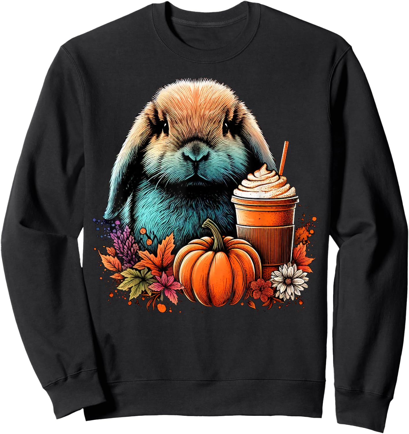 Holland Lop Rabbit Pumpkin Spice Latte Lovers Bunny Autumn Sweatshirt - Sweatshirt | Black