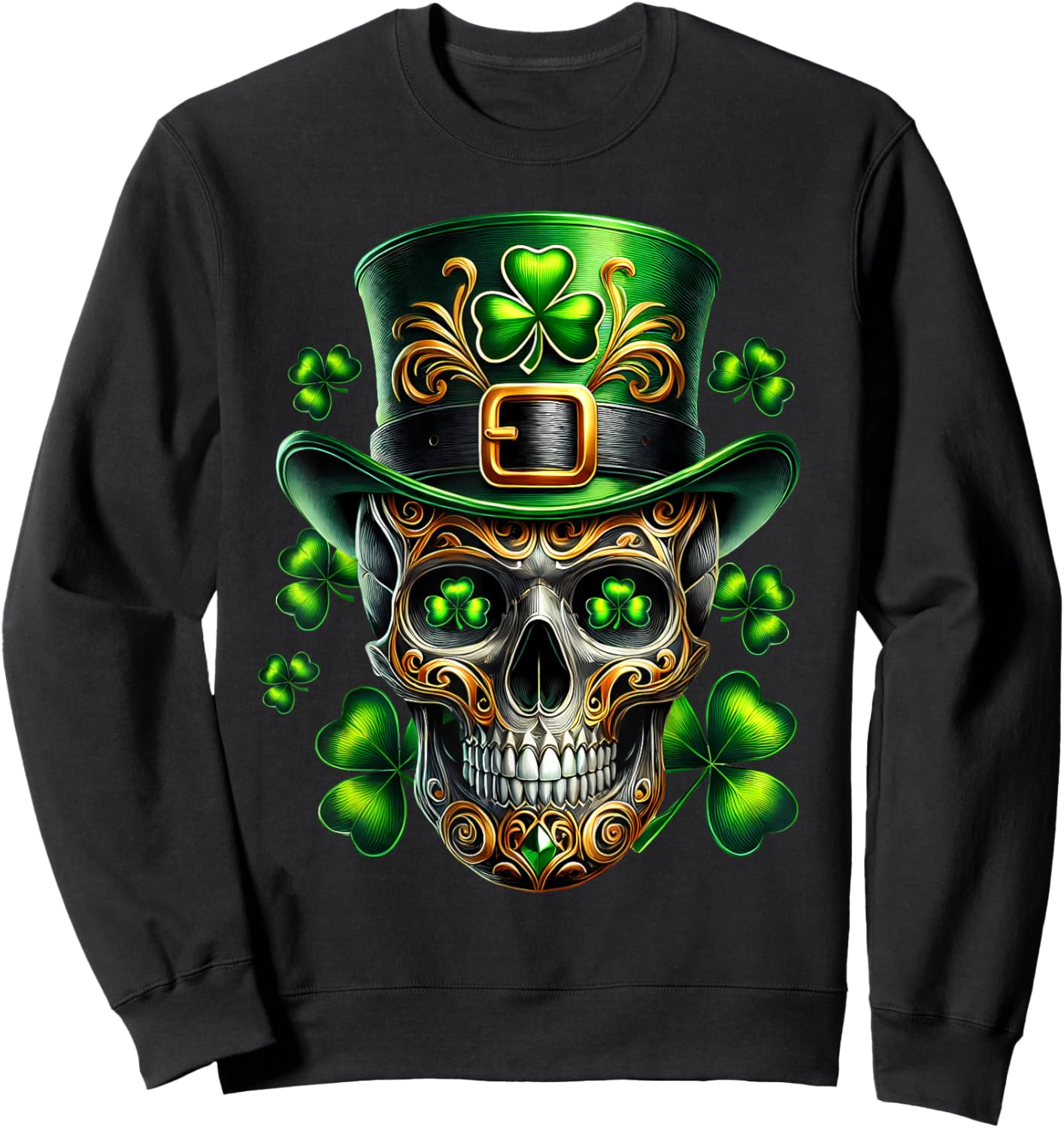 Men Irish Skull Shamrock Leprechaun Ireland St Patricks Day Sweatshirt - Sweatshirt | Black