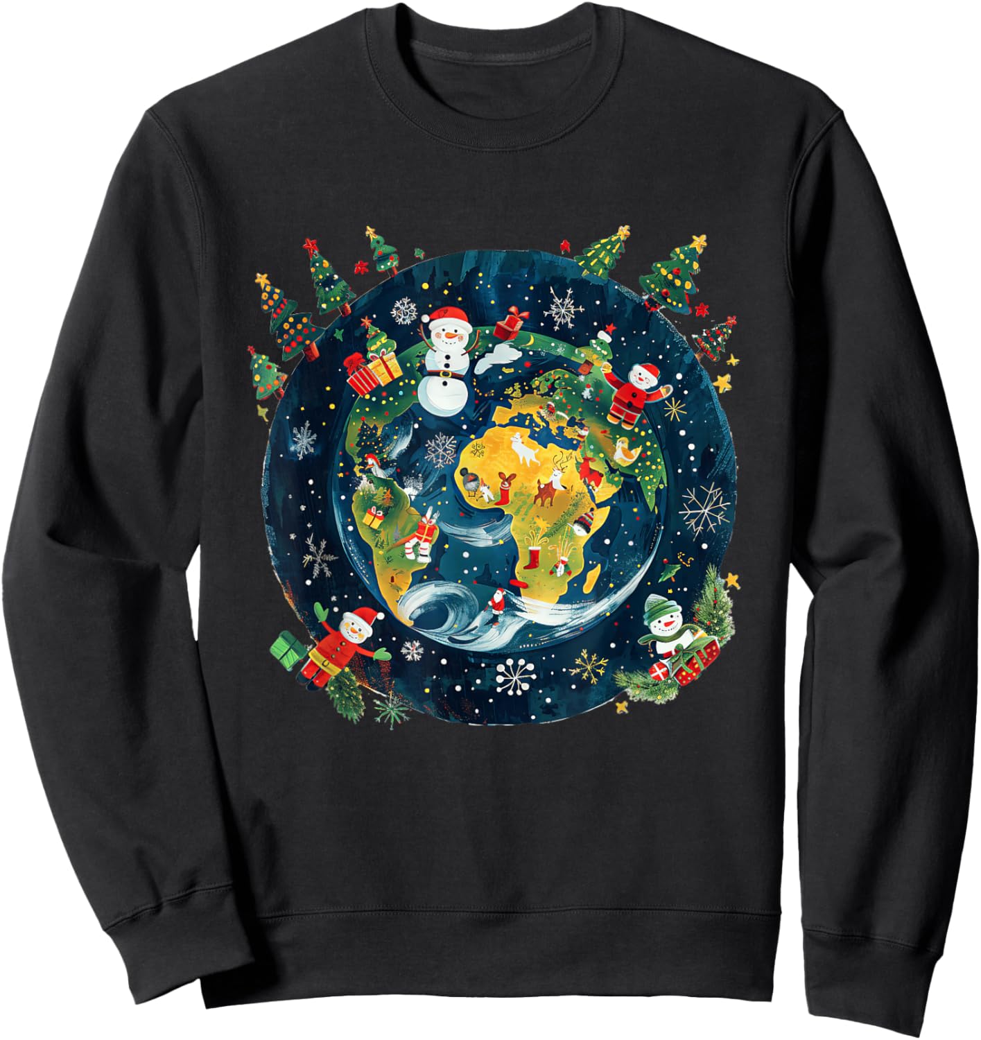 Global Xmas Celebration Apparel -Adults Christmas , Black, Small, Short Sleeve, Modern, Winter, Christmas Around the World Festive Winter Earth Design Sweatshirt - Sweatshirt | Black